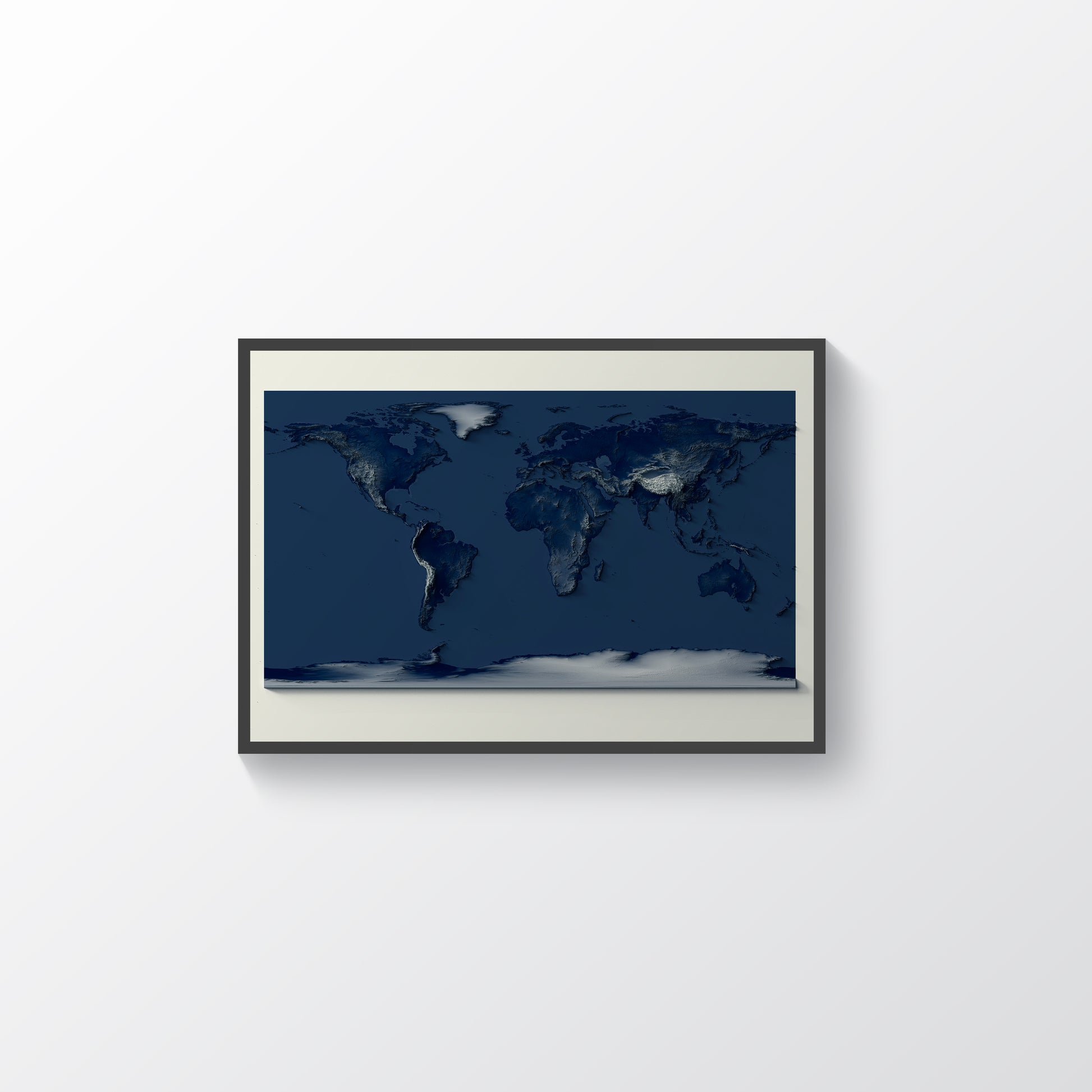 World framed shaded relief map with dark tones in black frame. Artistic print highlighting mountains with a realistic terrain effect