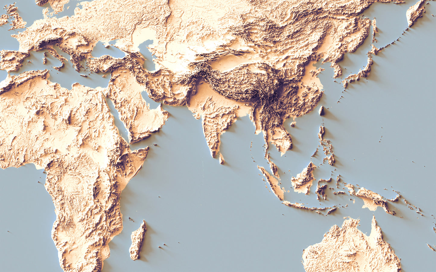 Detailed close-up of a World relief map with sunset tones, showcasing textured topography and geographic contours
