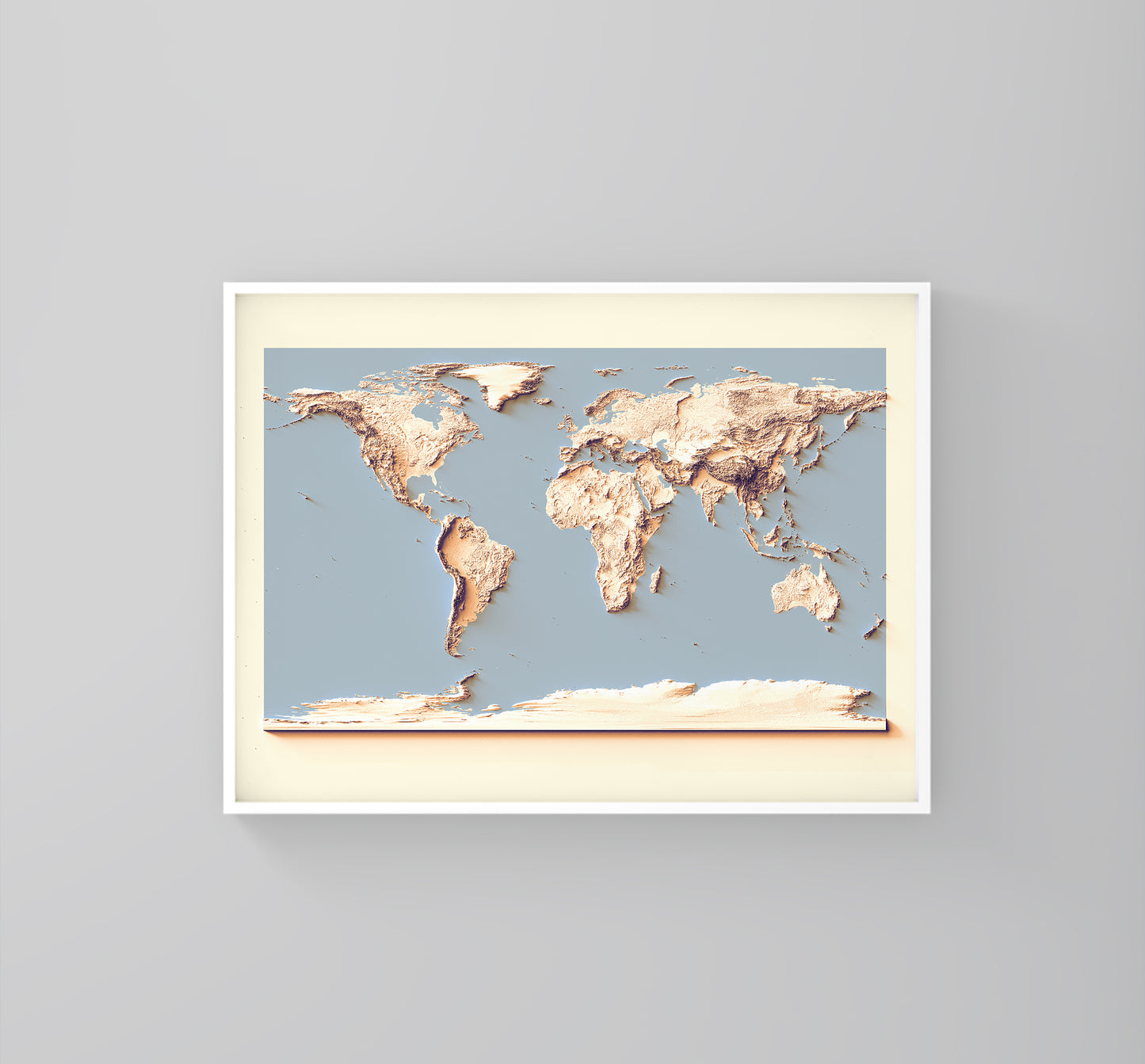 World framed shaded relief map with sunset tones in white frame. Artistic print highlighting mountains with a realistic 3d effect