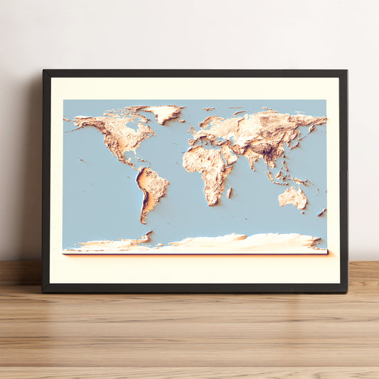 World framed shaded relief map with sunset tones in black frame. Artistic print highlighting mountains with a realistic terrain effect