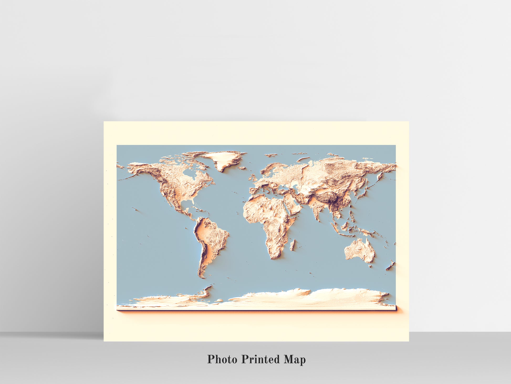 World Bathymetrical Map with sunset tones. Shaded relief print, highlighting topography. Ideal for home decor and geography lovers