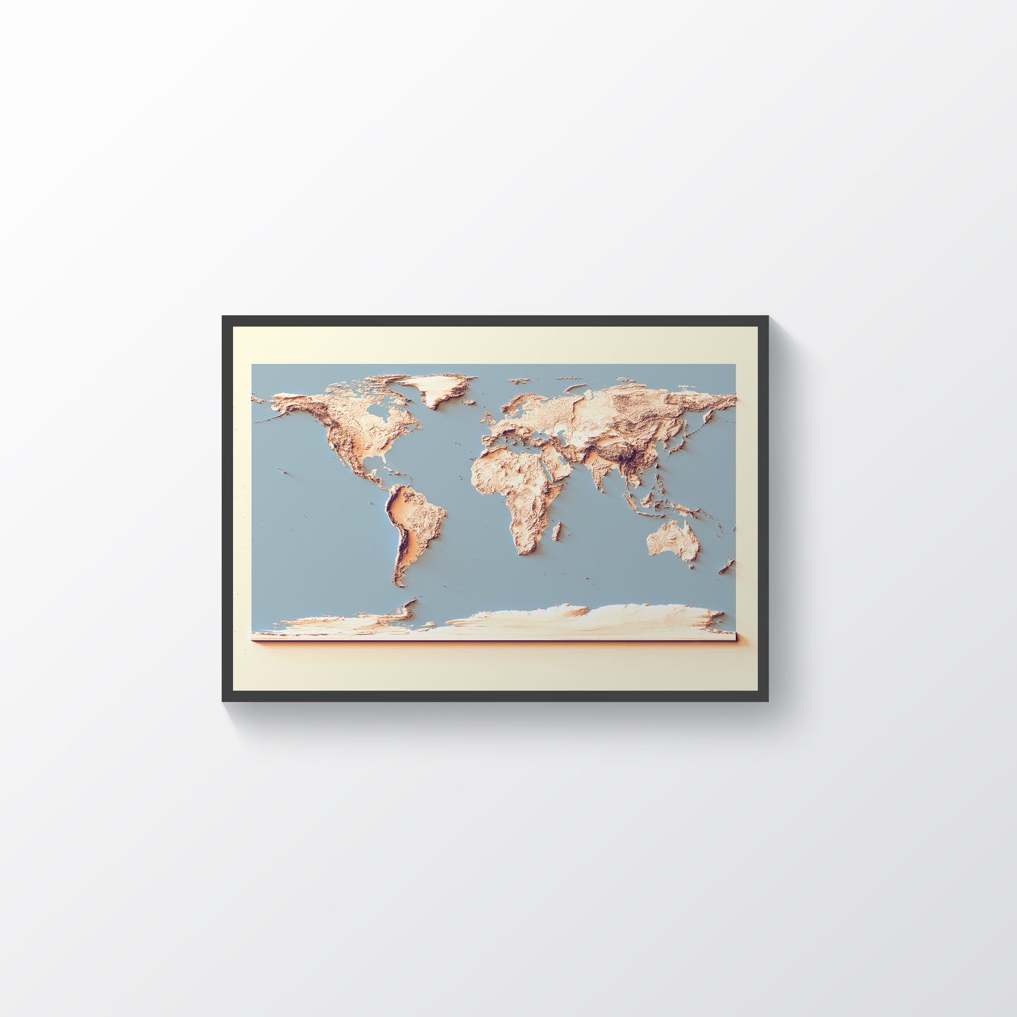 World framed shaded relief map with sunset tones in black frame. Artistic print highlighting mountains with a realistic terrain effect