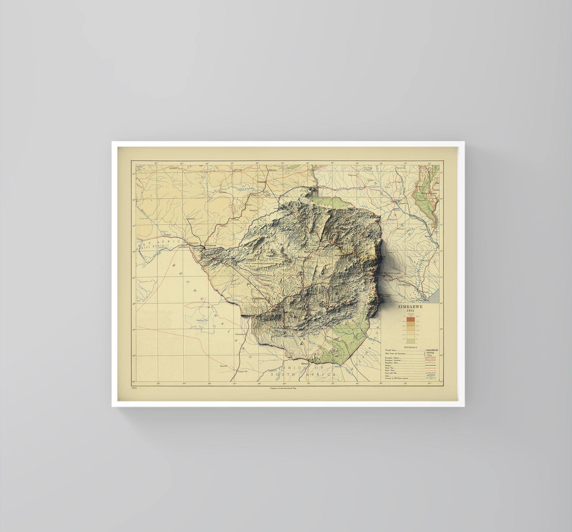 Zimbabwe vintage framed shaded relief map in white frame. Artistic print highlighting mountains with a realistic 3d effect