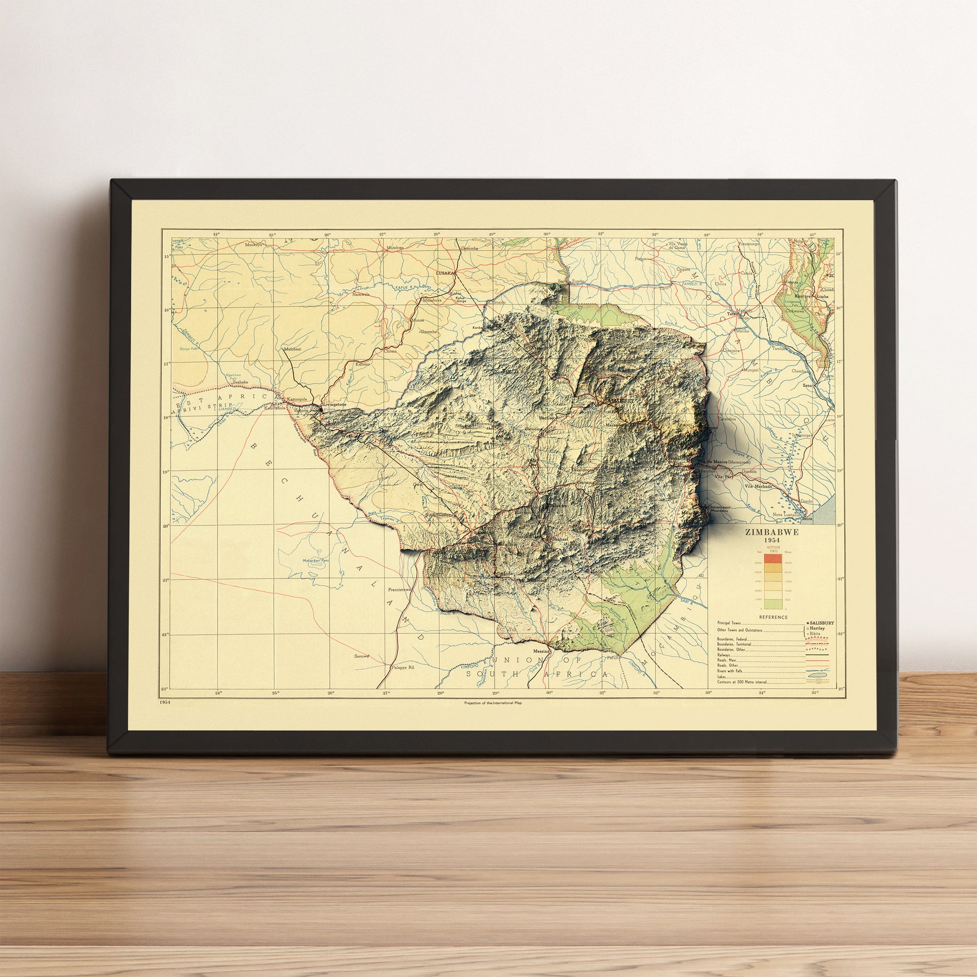 Zimbabwe vintage framed shaded relief map in black frame. Artistic print highlighting mountains with a realistic terrain effect