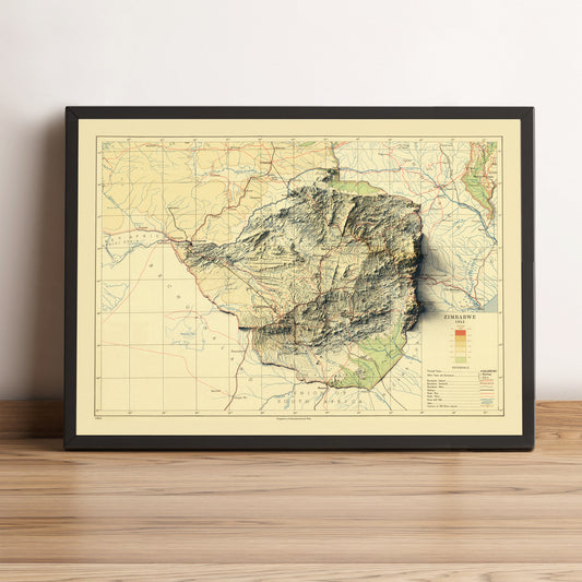 Zimbabwe vintage framed shaded relief map in black frame. Artistic print highlighting mountains with a realistic terrain effect