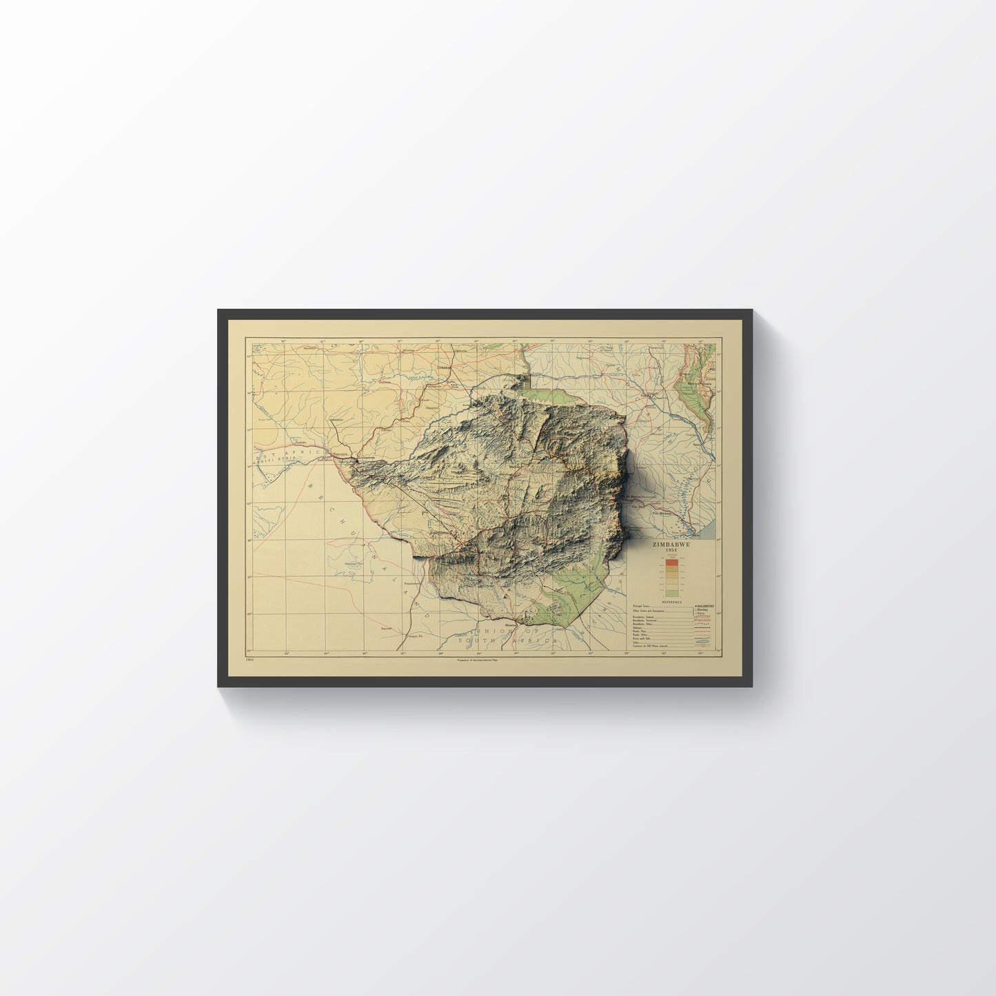 Zimbabwe vintage framed shaded relief map in black frame. Artistic print highlighting mountains with a realistic terrain effect