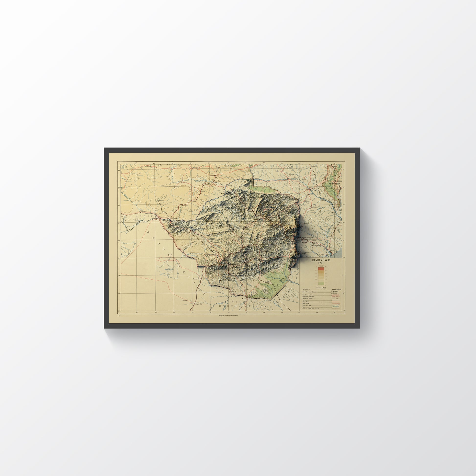 Zimbabwe vintage framed shaded relief map in black frame. Artistic print highlighting mountains with a realistic terrain effect