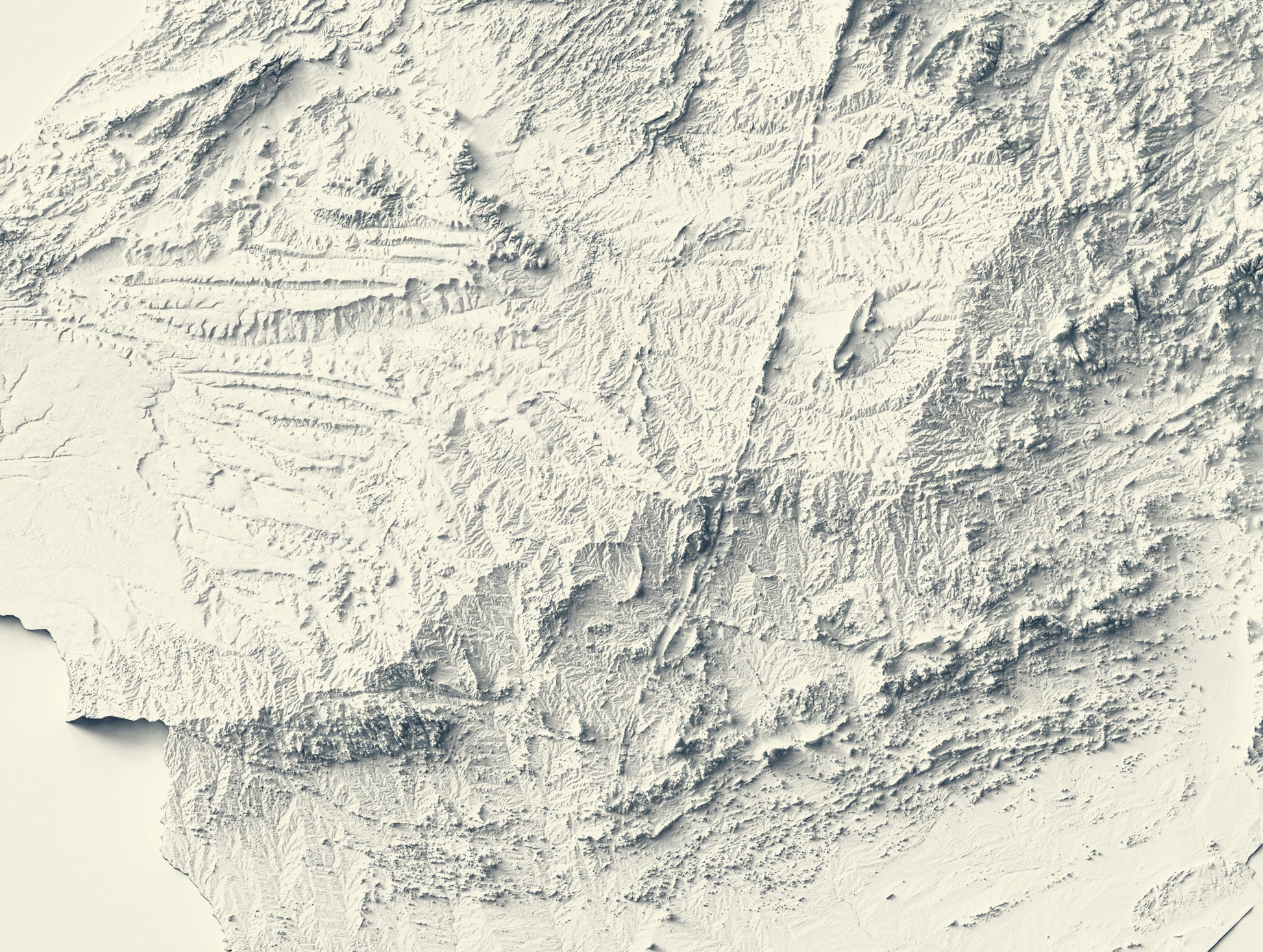 Detailed close-up of a Zimbabwe relief map, showcasing textured topography and geographic contours