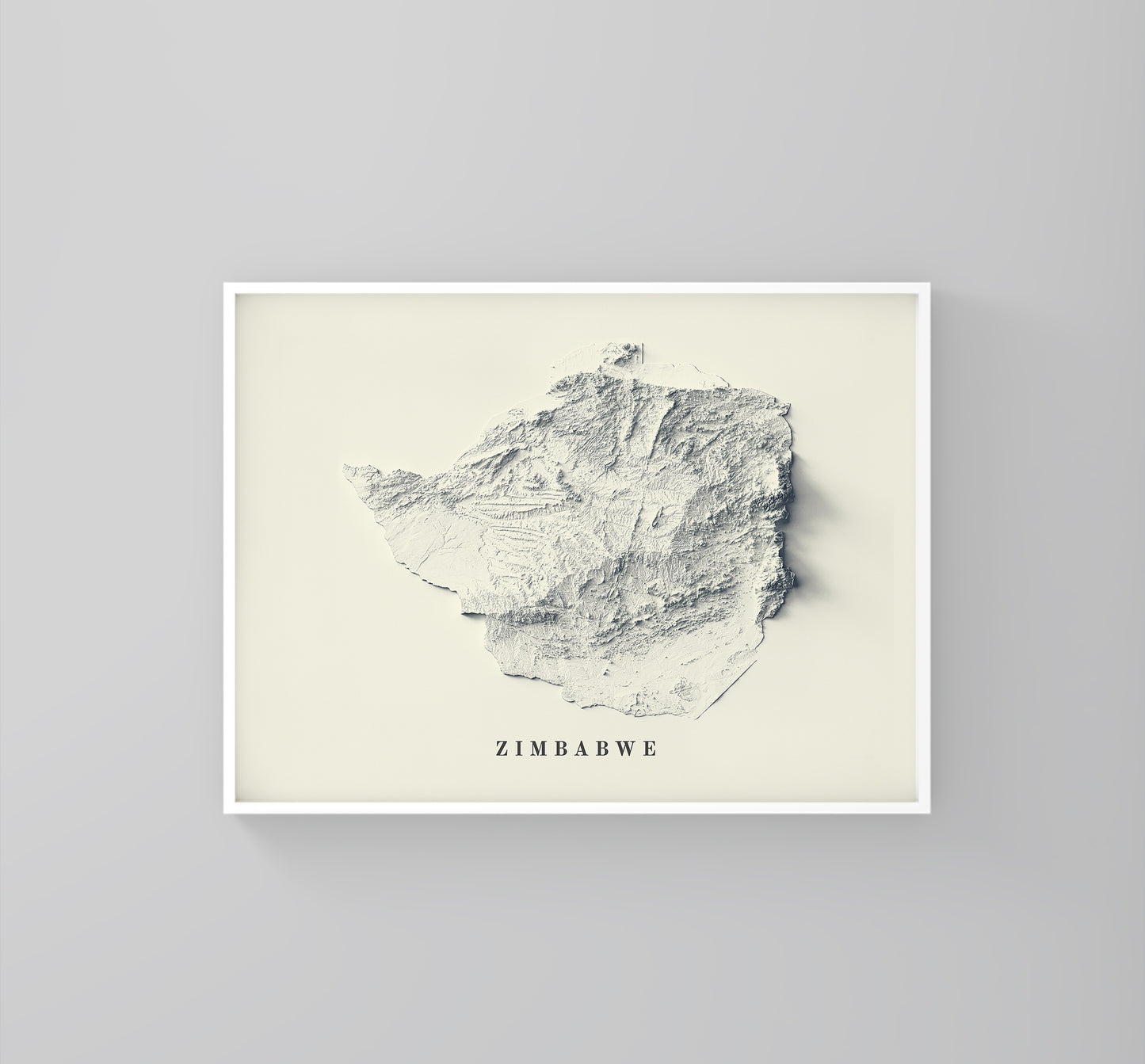 Zimbabwe framed shaded relief map in white frame. Artistic print highlighting mountains with a realistic 3d effect
