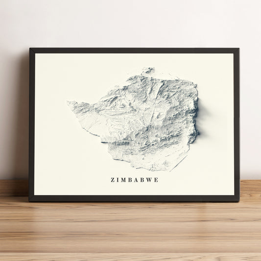 Zimbabwe framed shaded relief map in black frame. Artistic print highlighting mountains with a realistic terrain effect