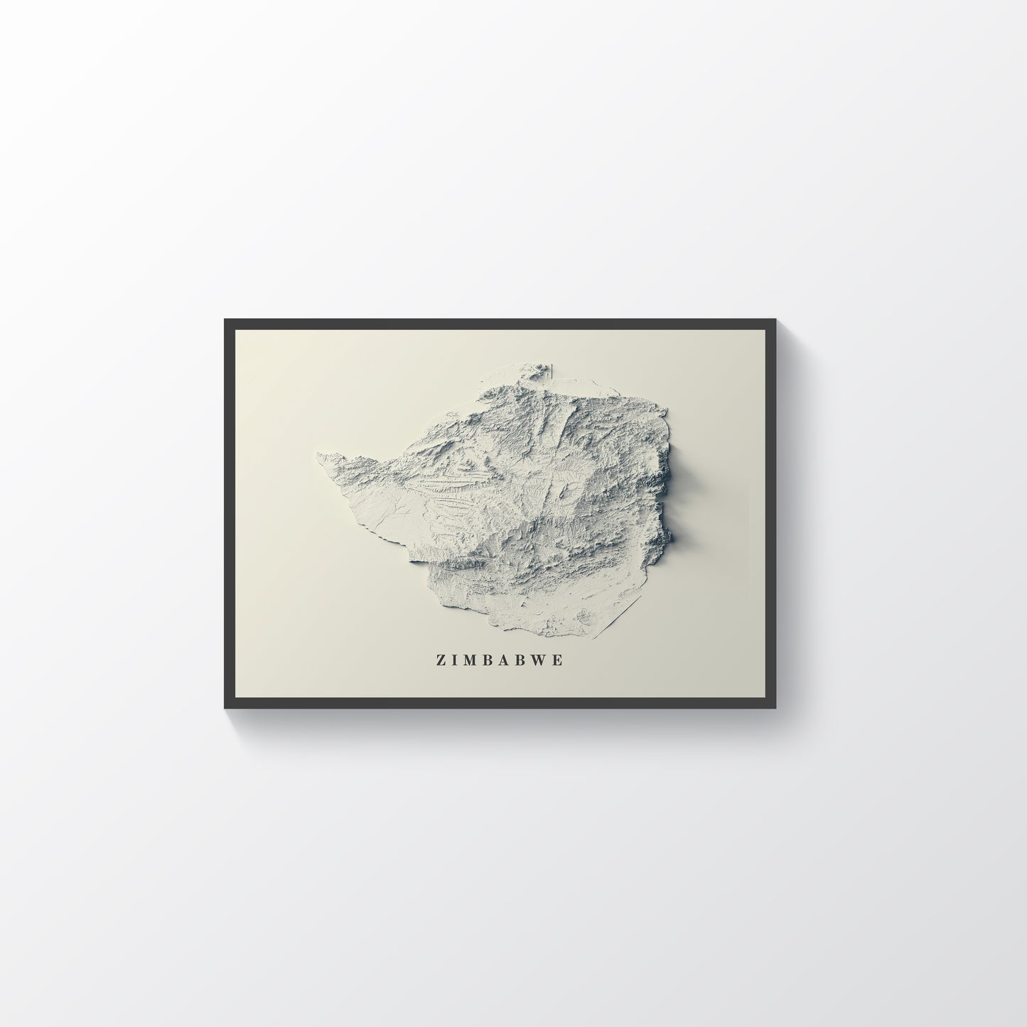 Zimbabwe framed shaded relief map in black frame. Artistic print highlighting mountains with a realistic terrain effect
