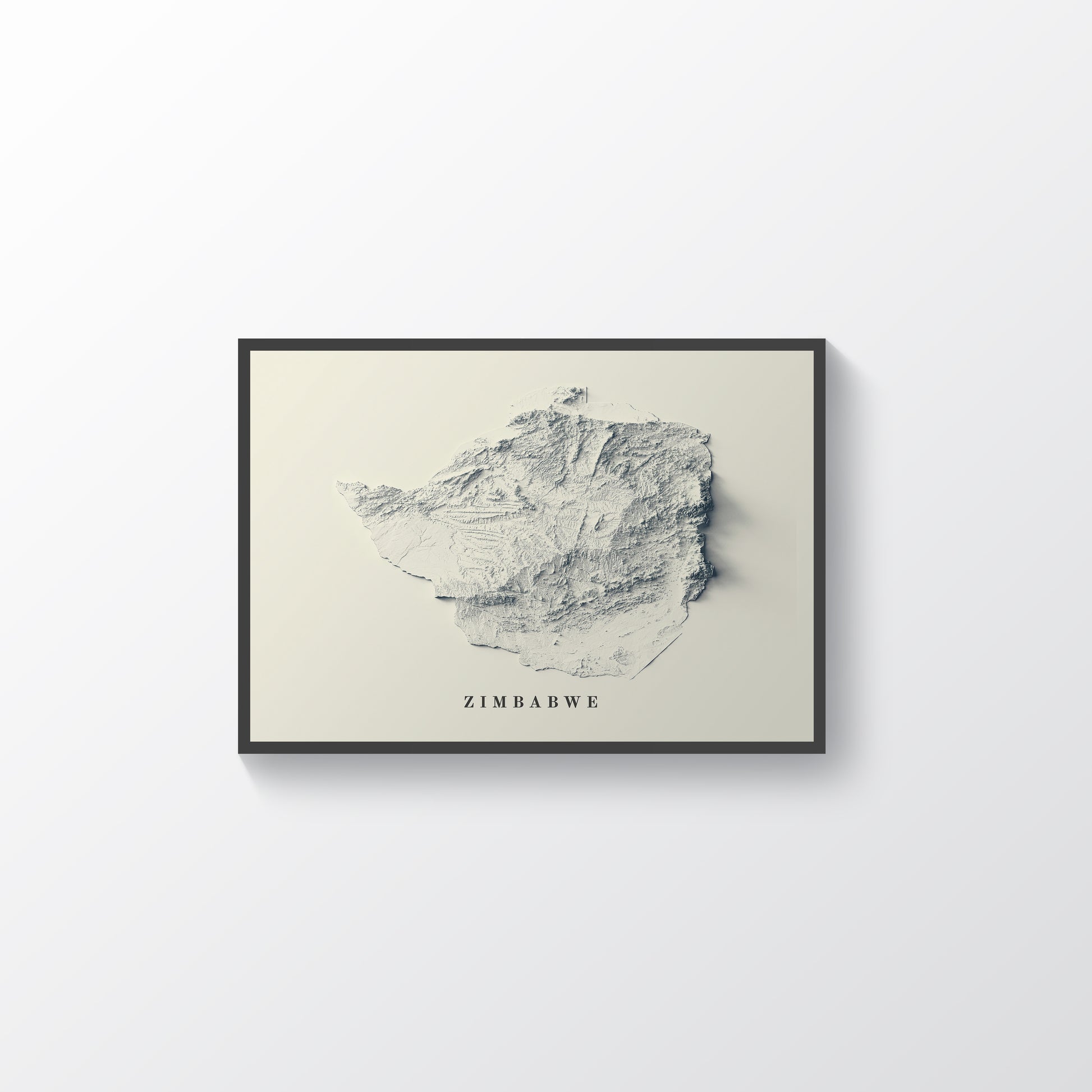 Zimbabwe framed shaded relief map in black frame. Artistic print highlighting mountains with a realistic terrain effect