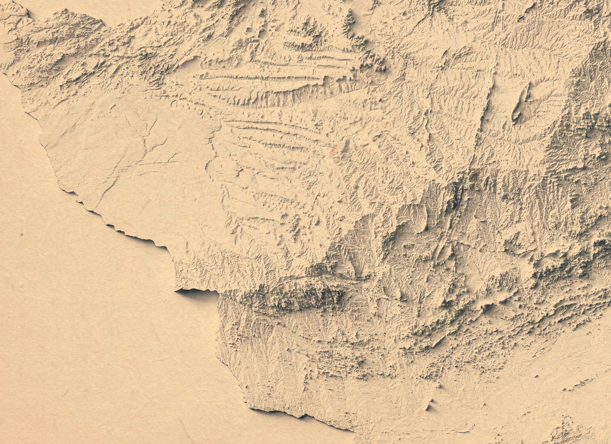Detailed close-up of a vintage Zimbabwe relief map, showcasing textured topography and geographic contours