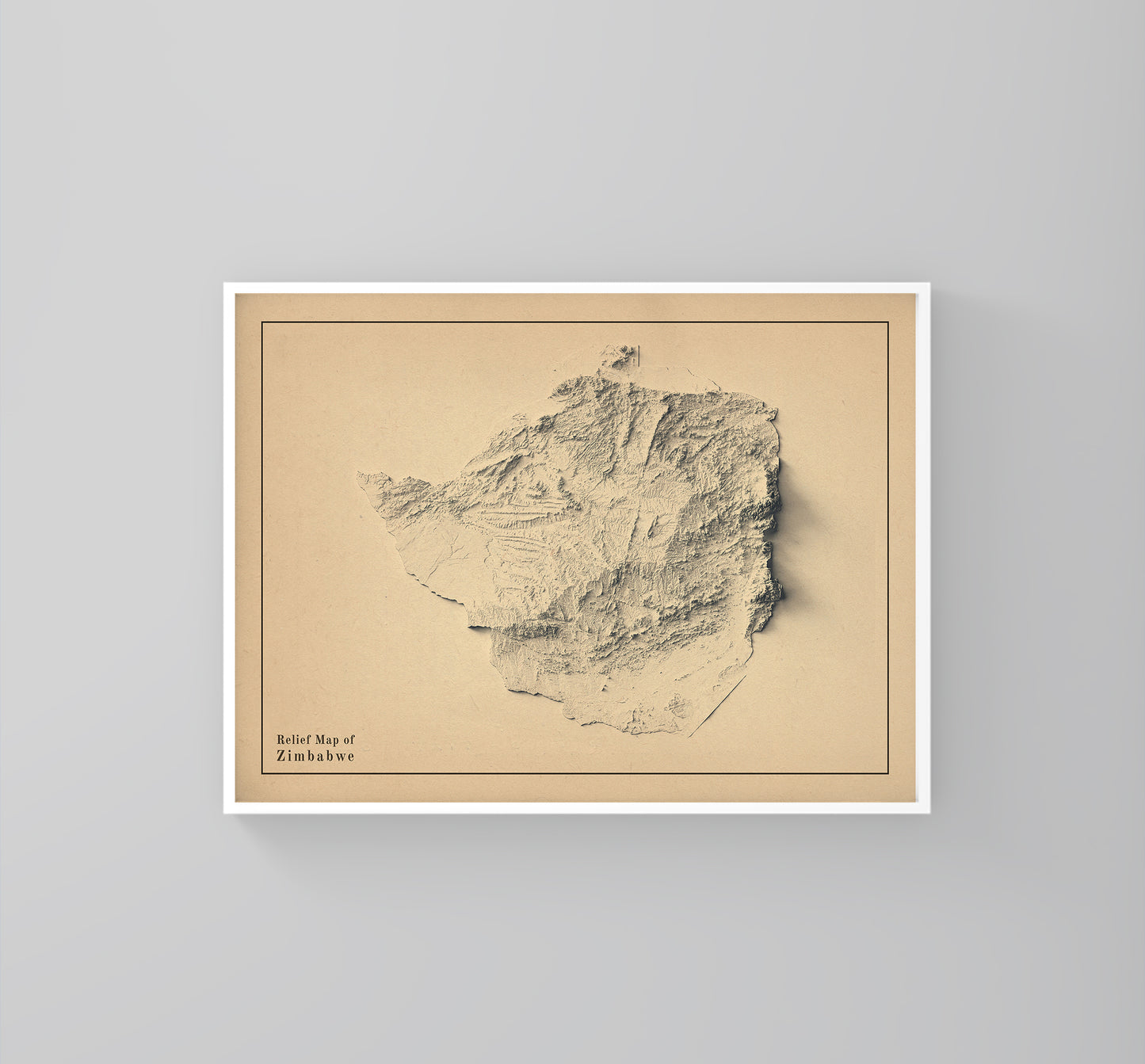 Zimbabwe vintage framed shaded relief map in white frame. Artistic print highlighting mountains with a realistic 3d effect