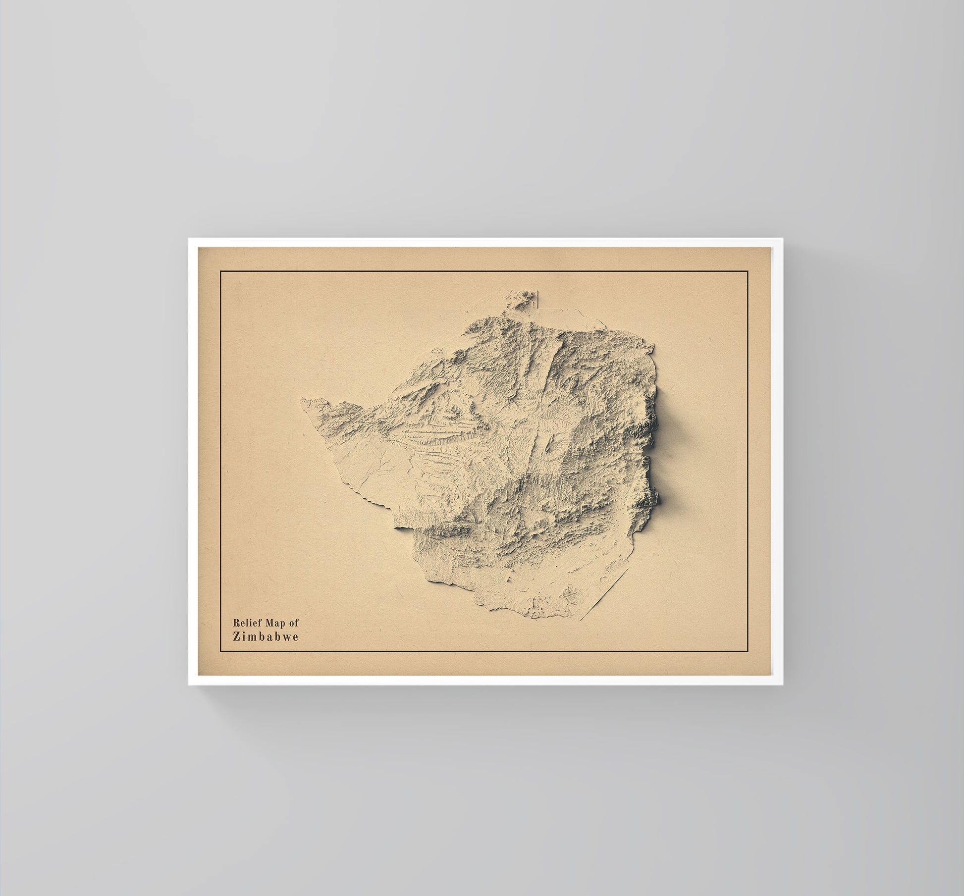 Zimbabwe vintage framed shaded relief map in white frame. Artistic print highlighting mountains with a realistic 3d effect