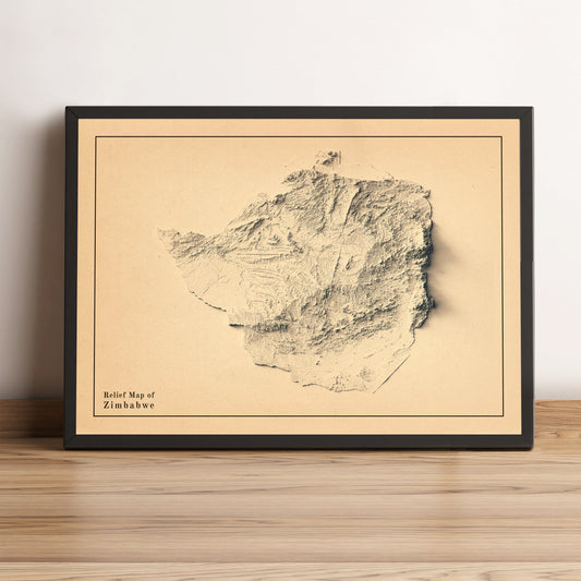 Zimbabwe vintage framed shaded relief map in black frame. Artistic print highlighting mountains with a realistic terrain effect