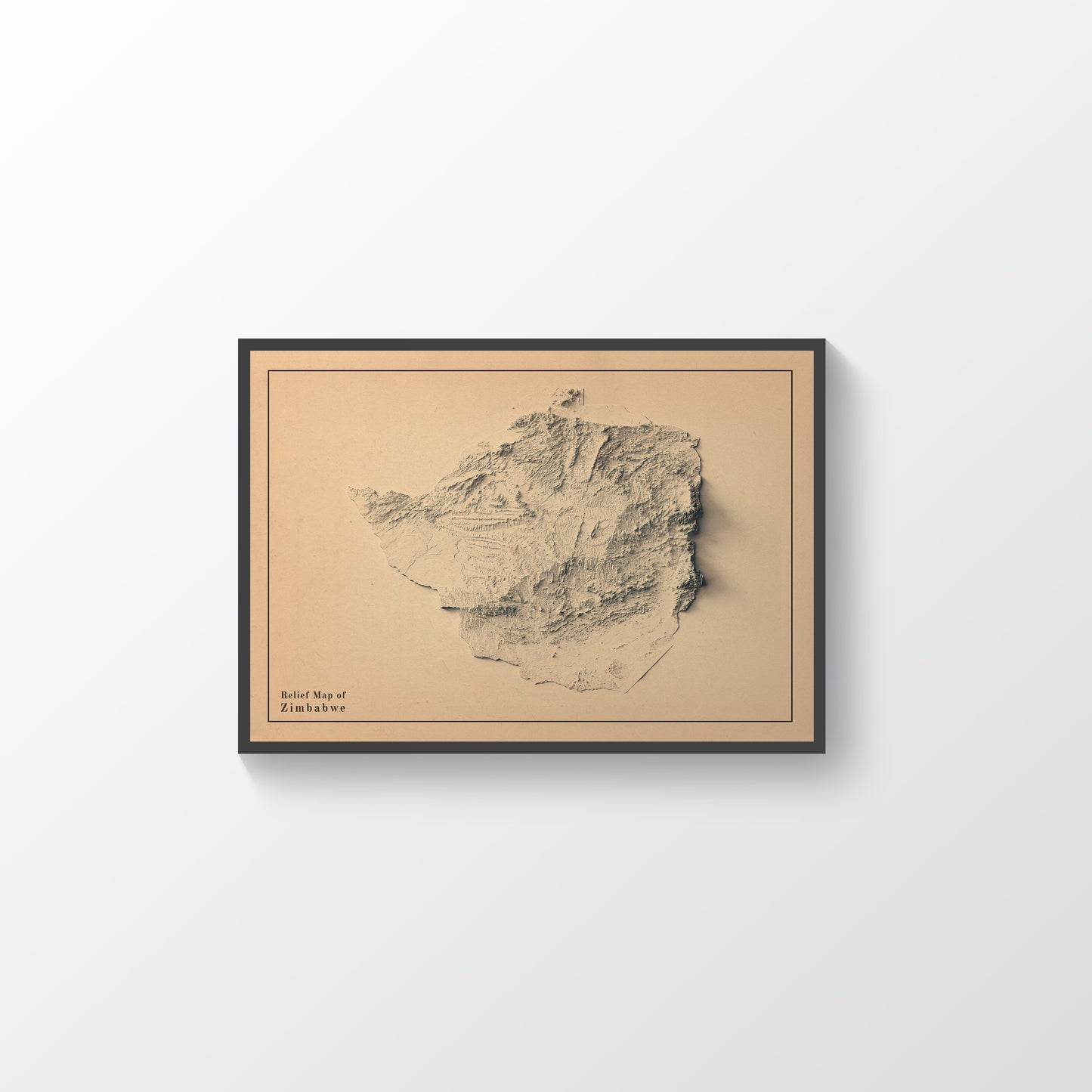 Zimbabwe vintage framed shaded relief map in black frame. Artistic print highlighting mountains with a realistic terrain effect