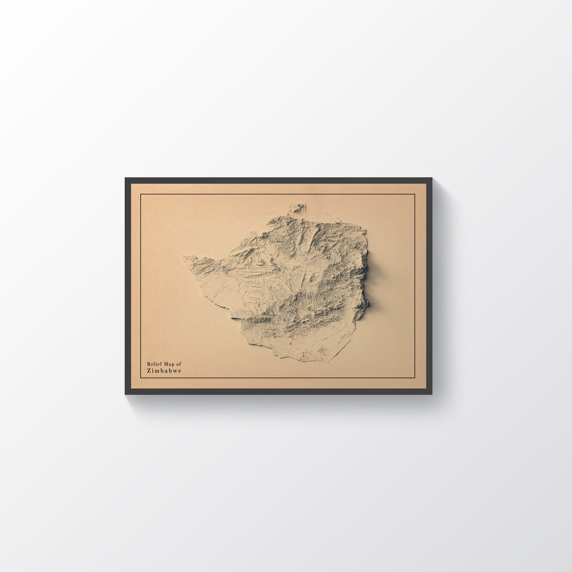 Zimbabwe vintage framed shaded relief map in black frame. Artistic print highlighting mountains with a realistic terrain effect