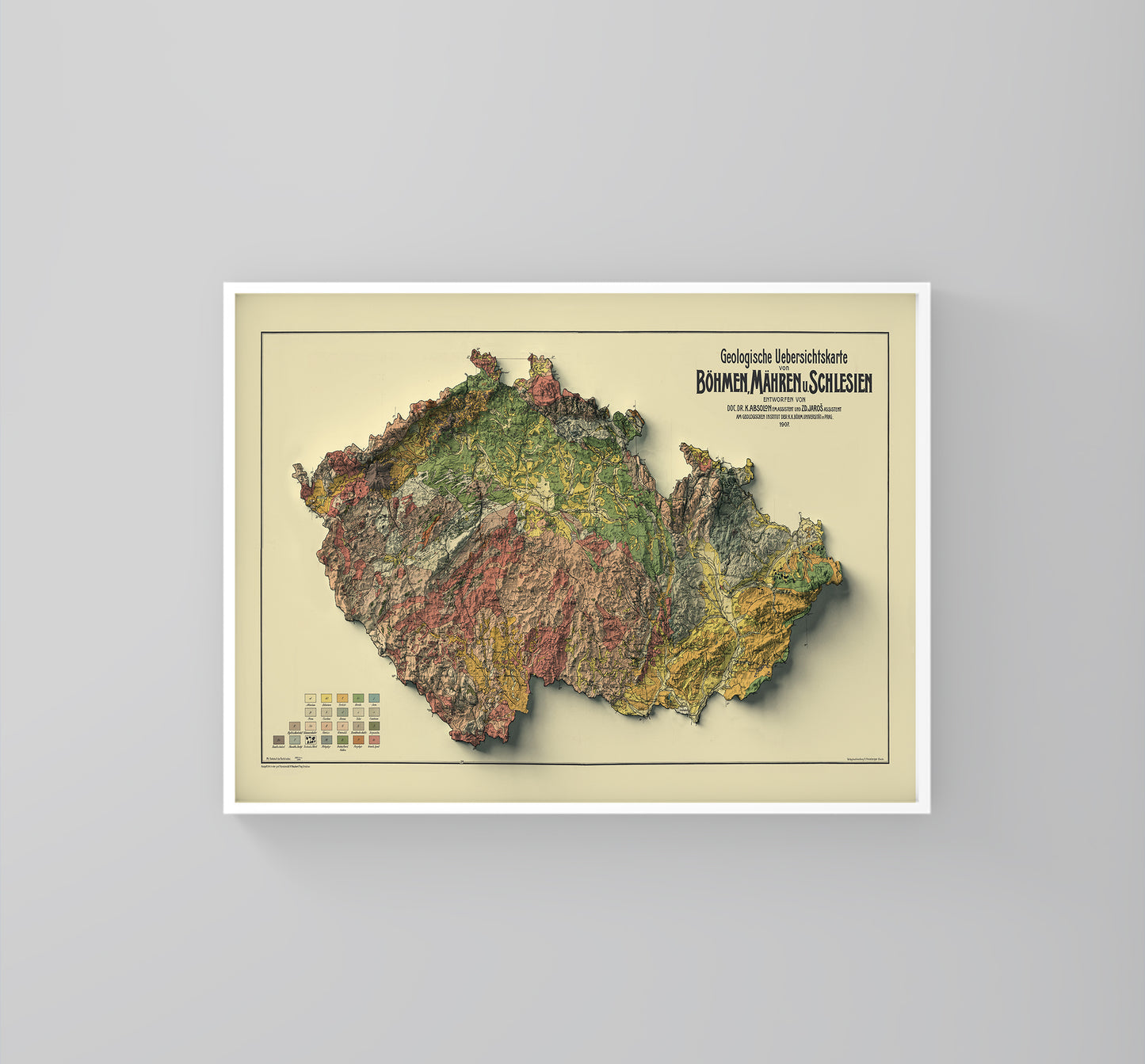 Czech Republic vintage framed shaded relief map in white frame. Artistic print highlighting mountains with a realistic 3d effect