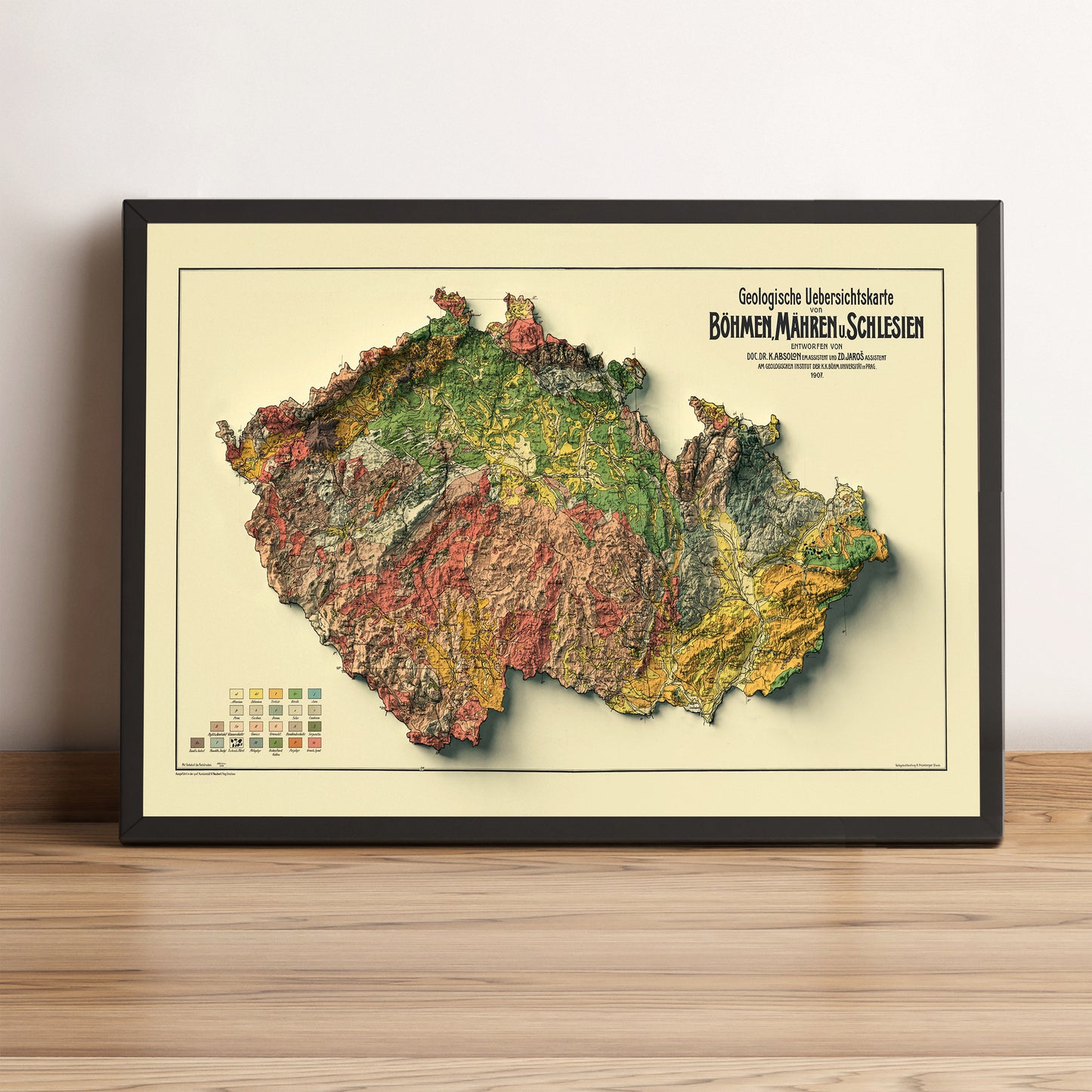 Czech Republic vintage framed shaded relief map in black frame. Artistic print highlighting mountains with a realistic terrain effect