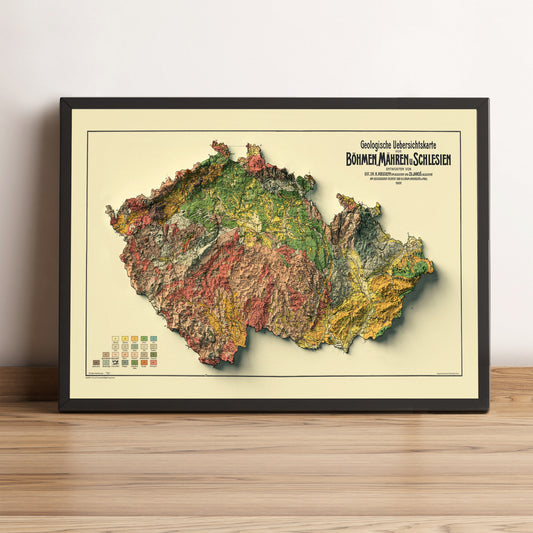 Czech Republic vintage framed shaded relief map in black frame. Artistic print highlighting mountains with a realistic terrain effect