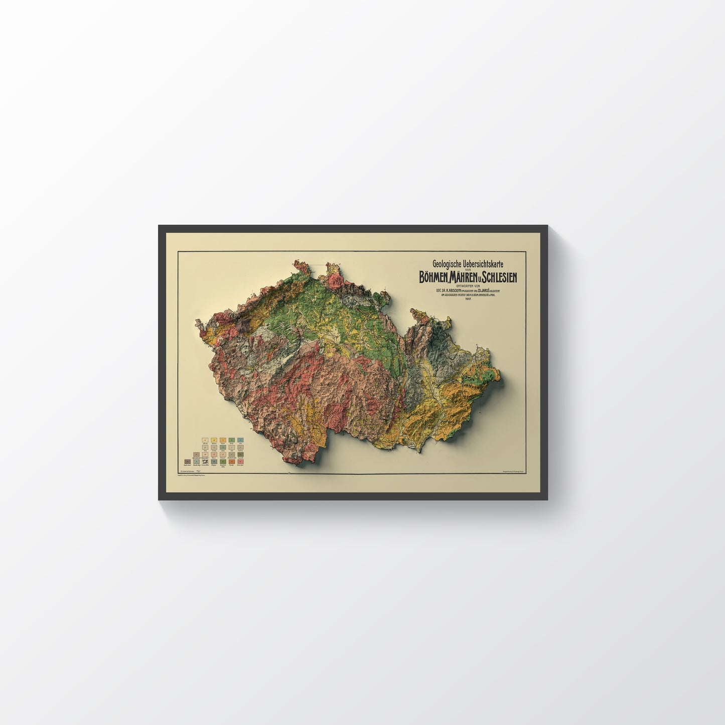Czech Republic vintage framed shaded relief map in black frame. Artistic print highlighting mountains with a realistic terrain effect