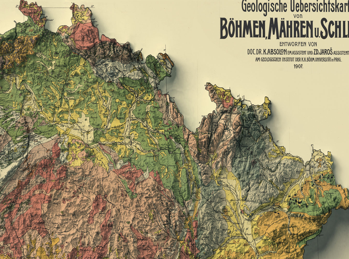 Detailed close-up of a vintage Czech Republic relief map, showcasing textured topography and geographic contours