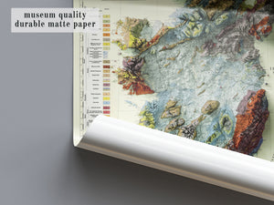 Image showing part of a printed relief map of Ireland a short text saying "museum quality durable matte paper".