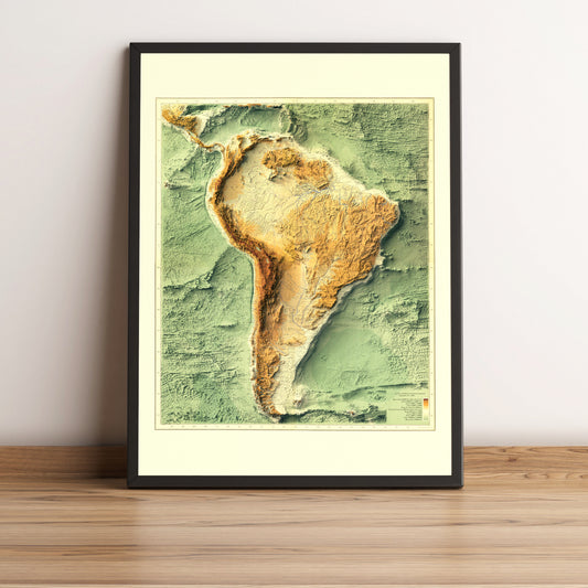 South America Bathymetrical vintage framed shaded relief map in black frame. Artistic print highlighting mountains with a realistic terrain effect