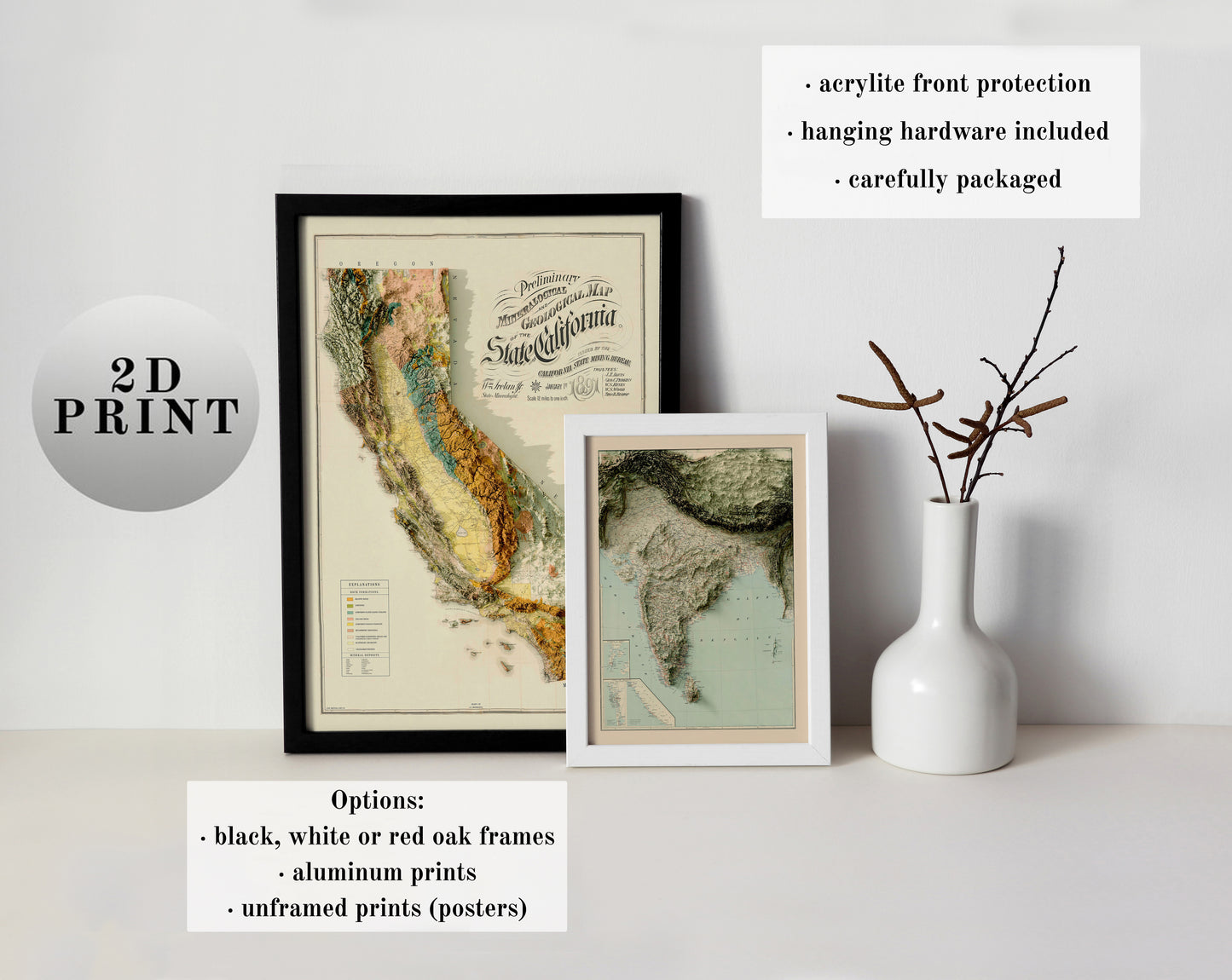 Two framed maps displaying examples of relief maps. Highlights available frame color options and product details, including hanging hardware