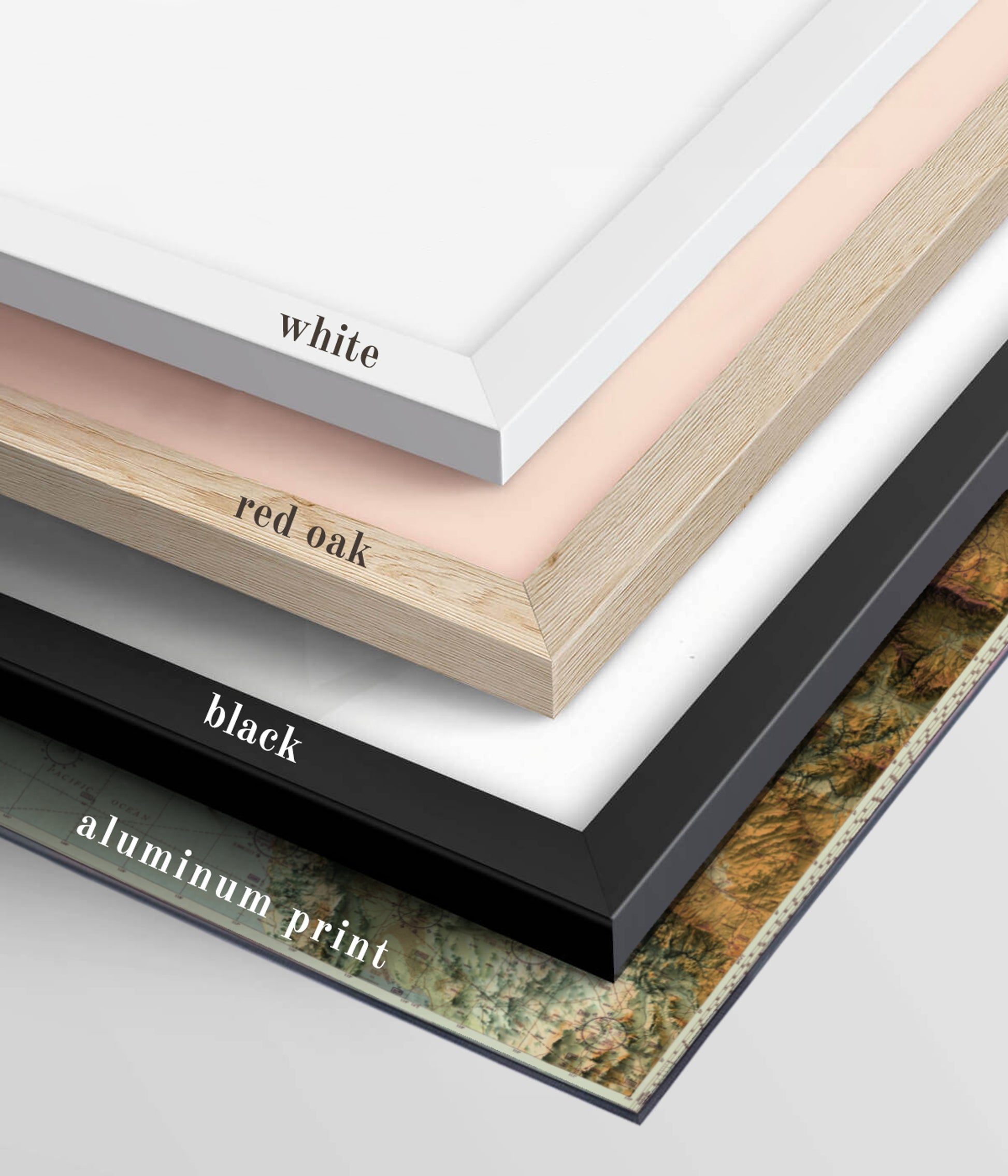 Selection of frame options for vintage relief maps, featuring classic and modern styles. Available options: Black, White, Red Oak, and Aluminum.