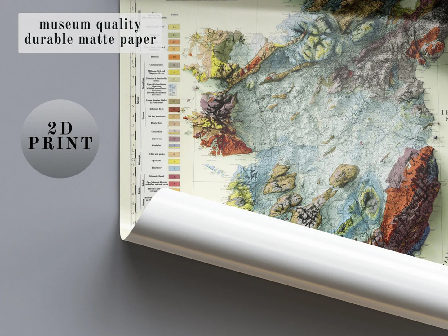 a poster showing a vintage relief map, laid flat on a surface, displayed to showcase design and print quality