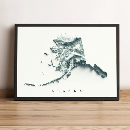 Alaska (USA) vintage framed shaded relief map in black frame. Artistic print highlighting mountains with a realistic terrain effect