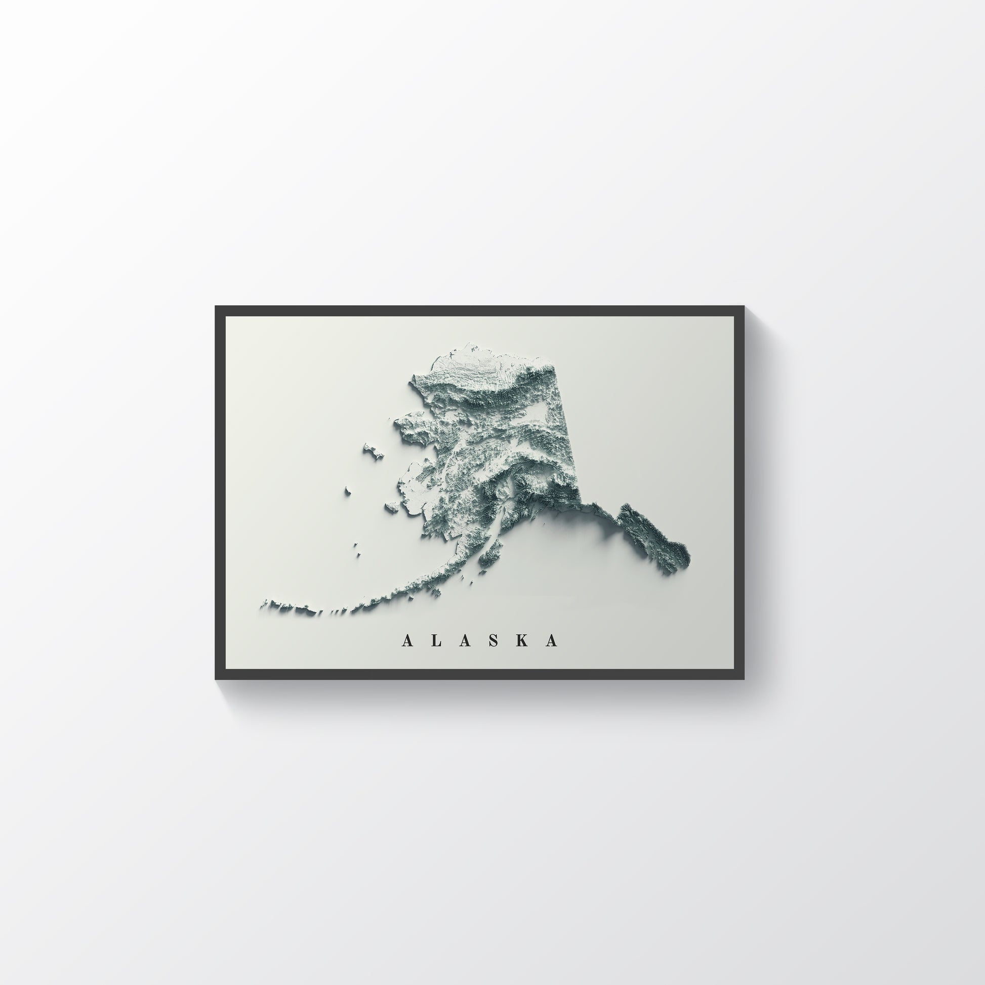 Alaska (USA) vintage framed shaded relief map in black frame. Artistic print highlighting mountains with a realistic terrain effect