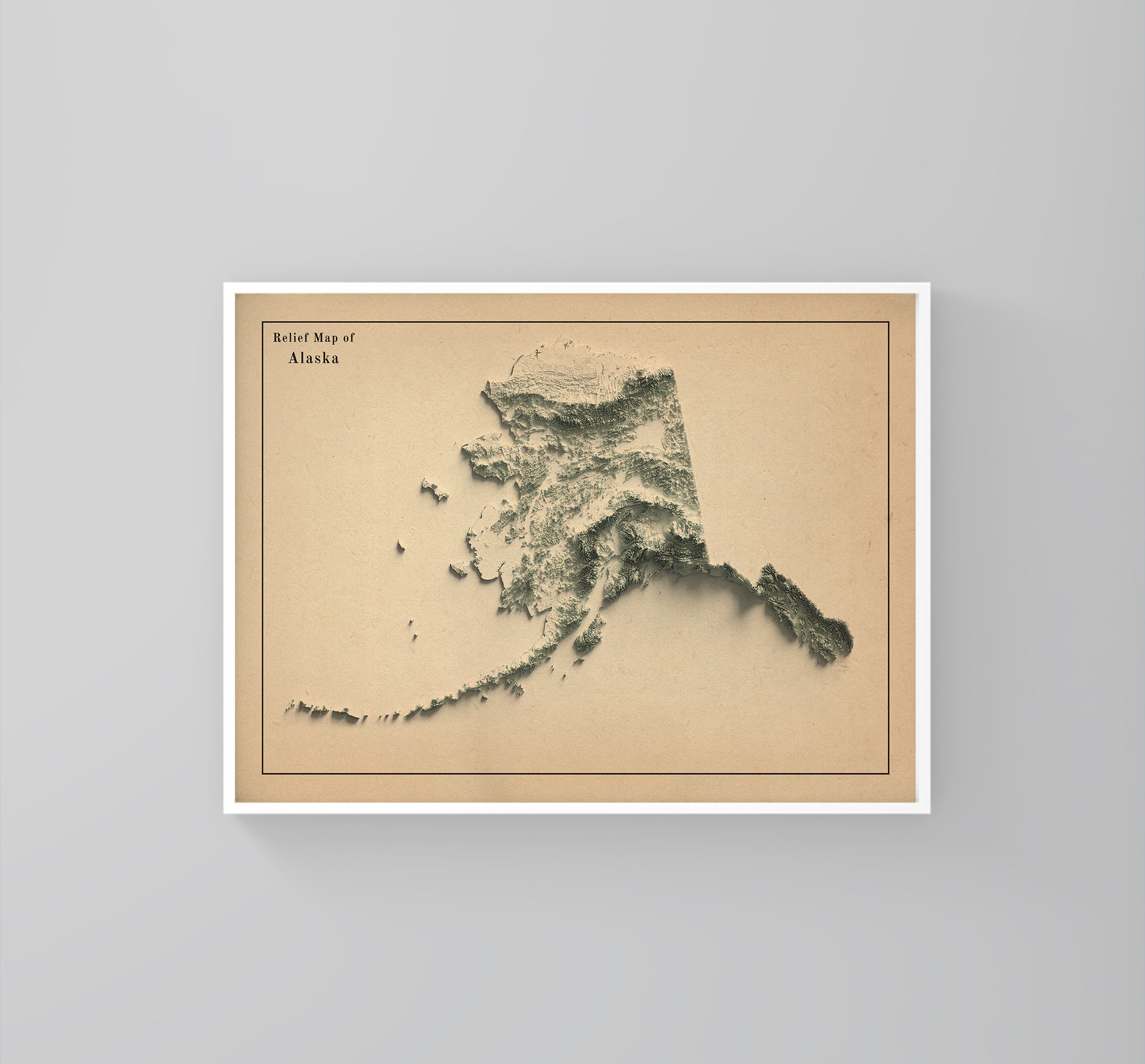 Alaska (USA) vintage framed shaded relief map in white frame. Artistic print highlighting mountains with a realistic 3d effect