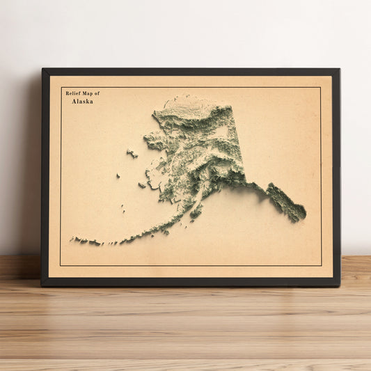 Alaska (USA) vintage framed shaded relief map in black frame. Artistic print highlighting mountains with a realistic terrain effect