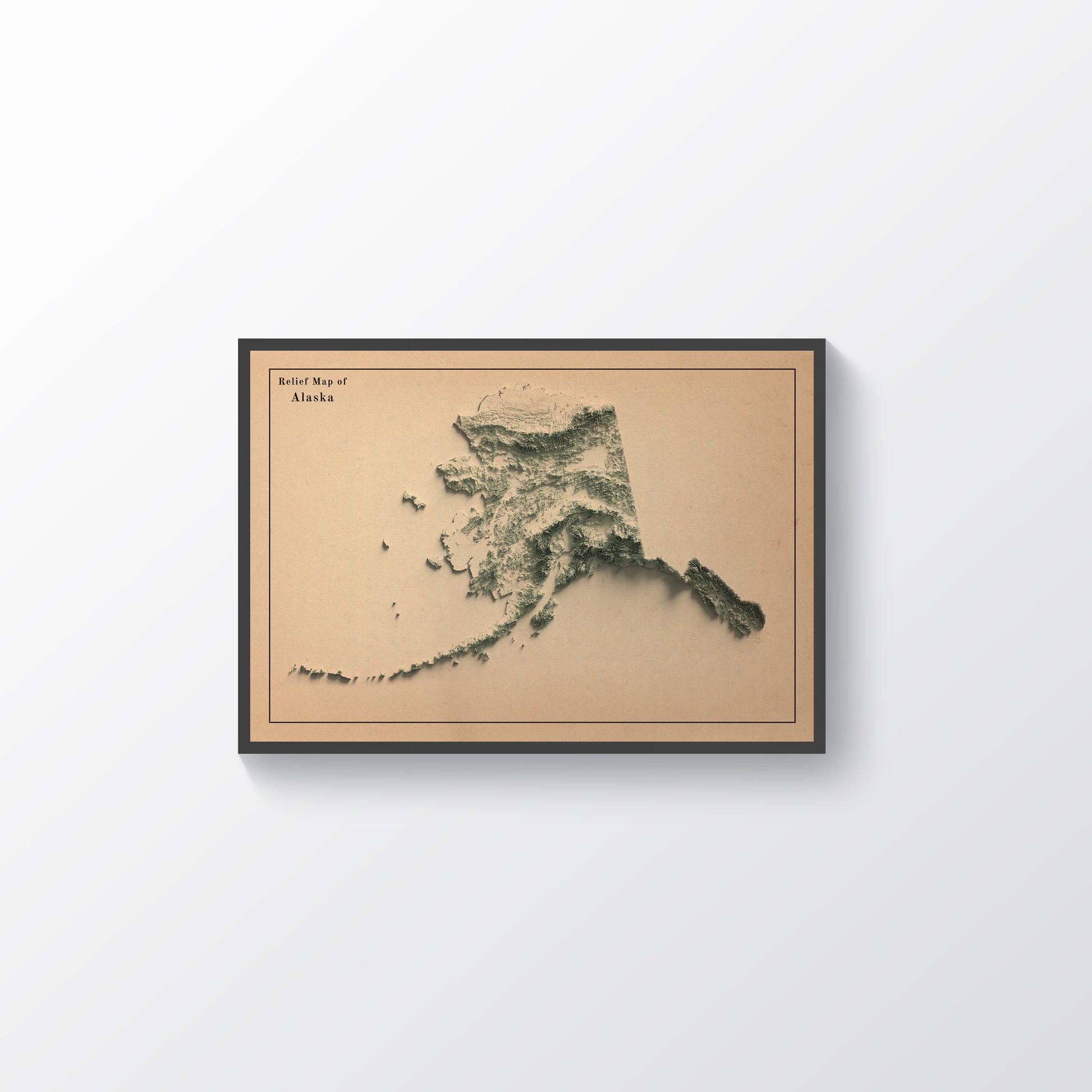 Alaska (USA) vintage framed shaded relief map in black frame. Artistic print highlighting mountains with a realistic terrain effect