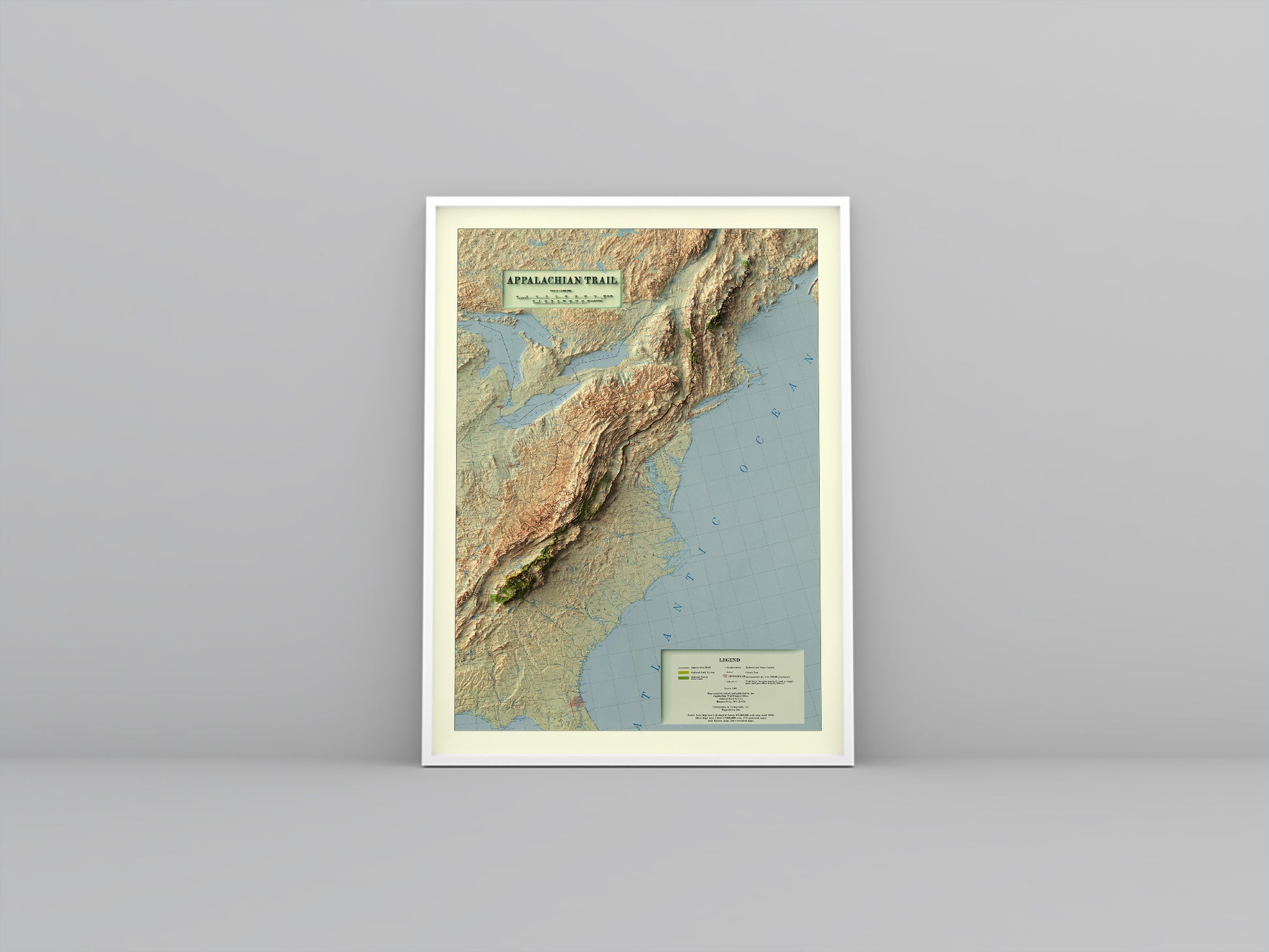 Appalachian Trail vintage framed shaded relief map in white frame. Artistic print highlighting mountains with a realistic 3d effect