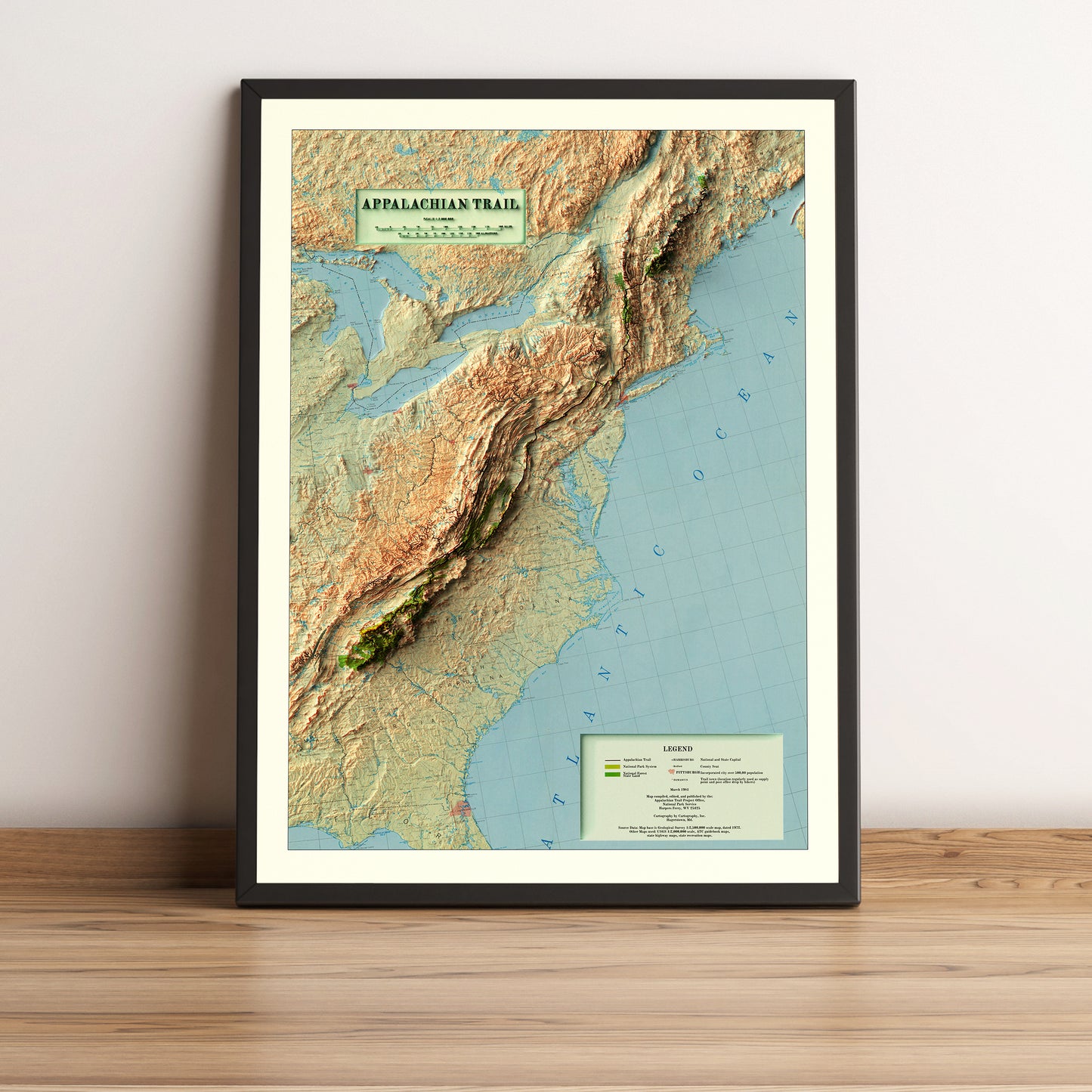 Appalachian Trail vintage framed shaded relief map in black frame. Artistic print highlighting mountains with a realistic terrain effect