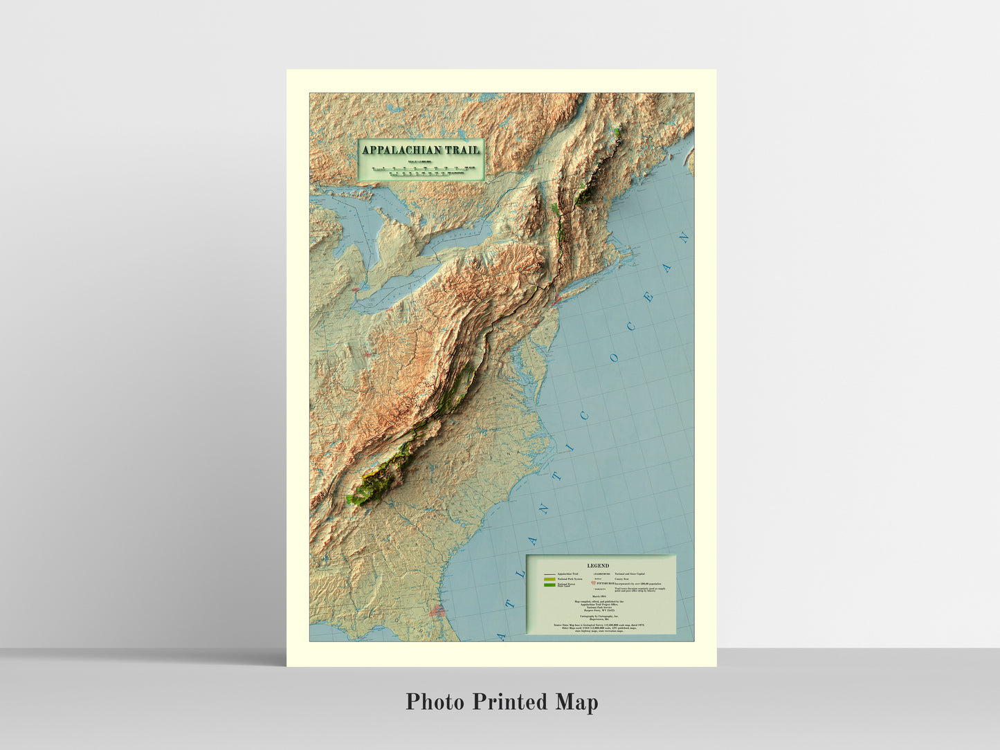 Appalachian Trail relief map print, highlighting topography. Ideal for home decor and geography lovers