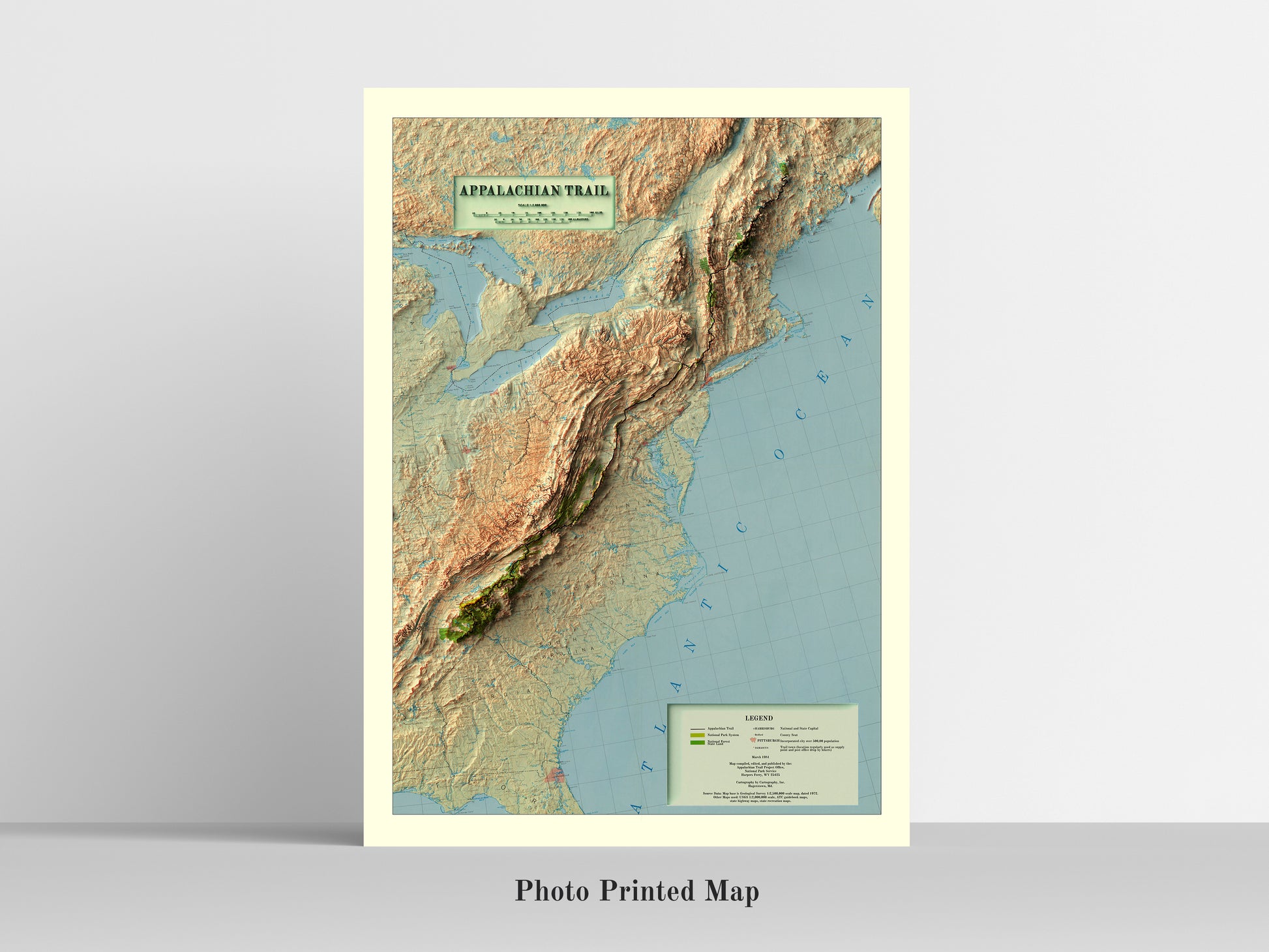 Appalachian Trail relief map print, highlighting topography. Ideal for home decor and geography lovers