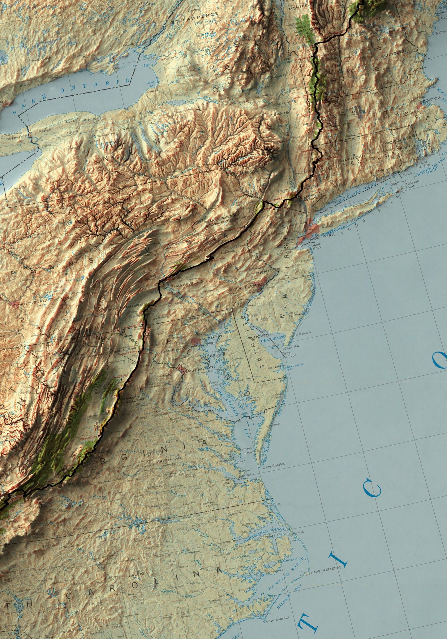 Detailed close-up of a vintage Appalachian Trail relief map, showcasing textured topography and geographic contours