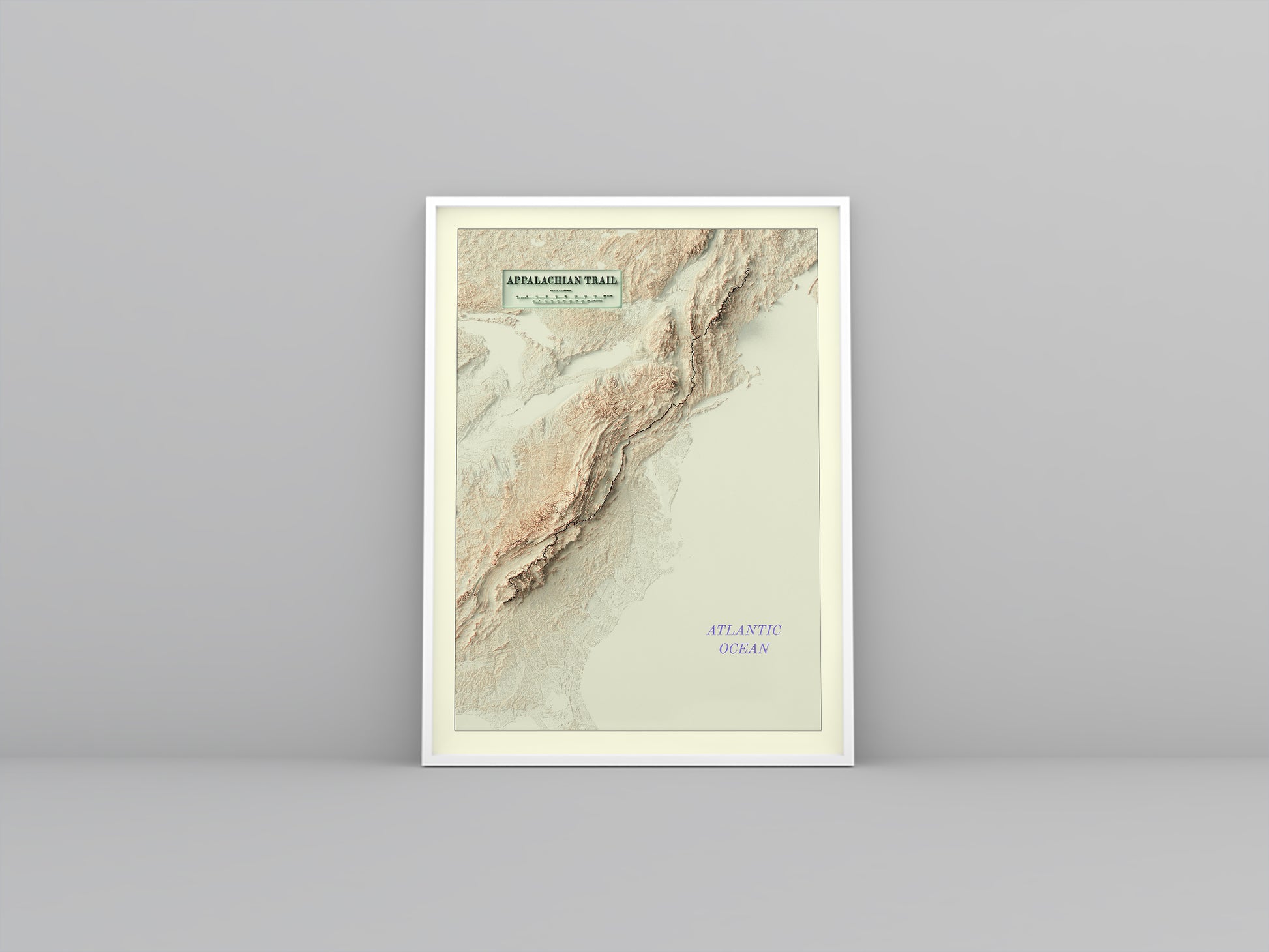 Appalachian Trail vintage framed shaded relief map in white frame. Artistic print highlighting mountains with a realistic 3d effect