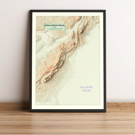 Appalachian Trail vintage framed shaded relief map in black frame. Artistic print highlighting mountains with a realistic terrain effect