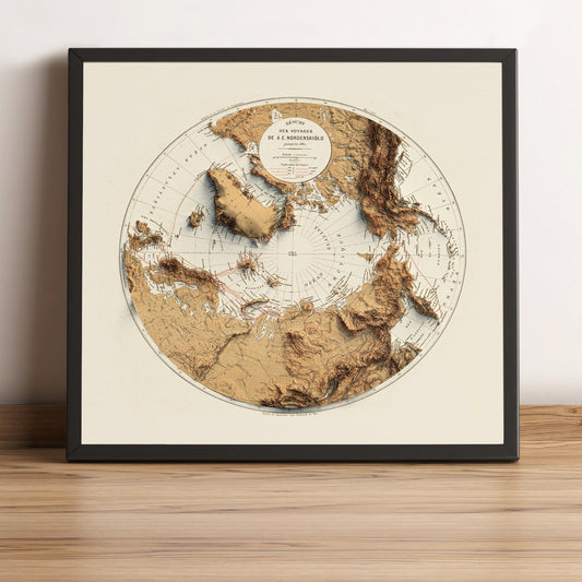 Arctic vintage framed shaded relief map in black frame. Artistic print highlighting mountains with a realistic terrain effect