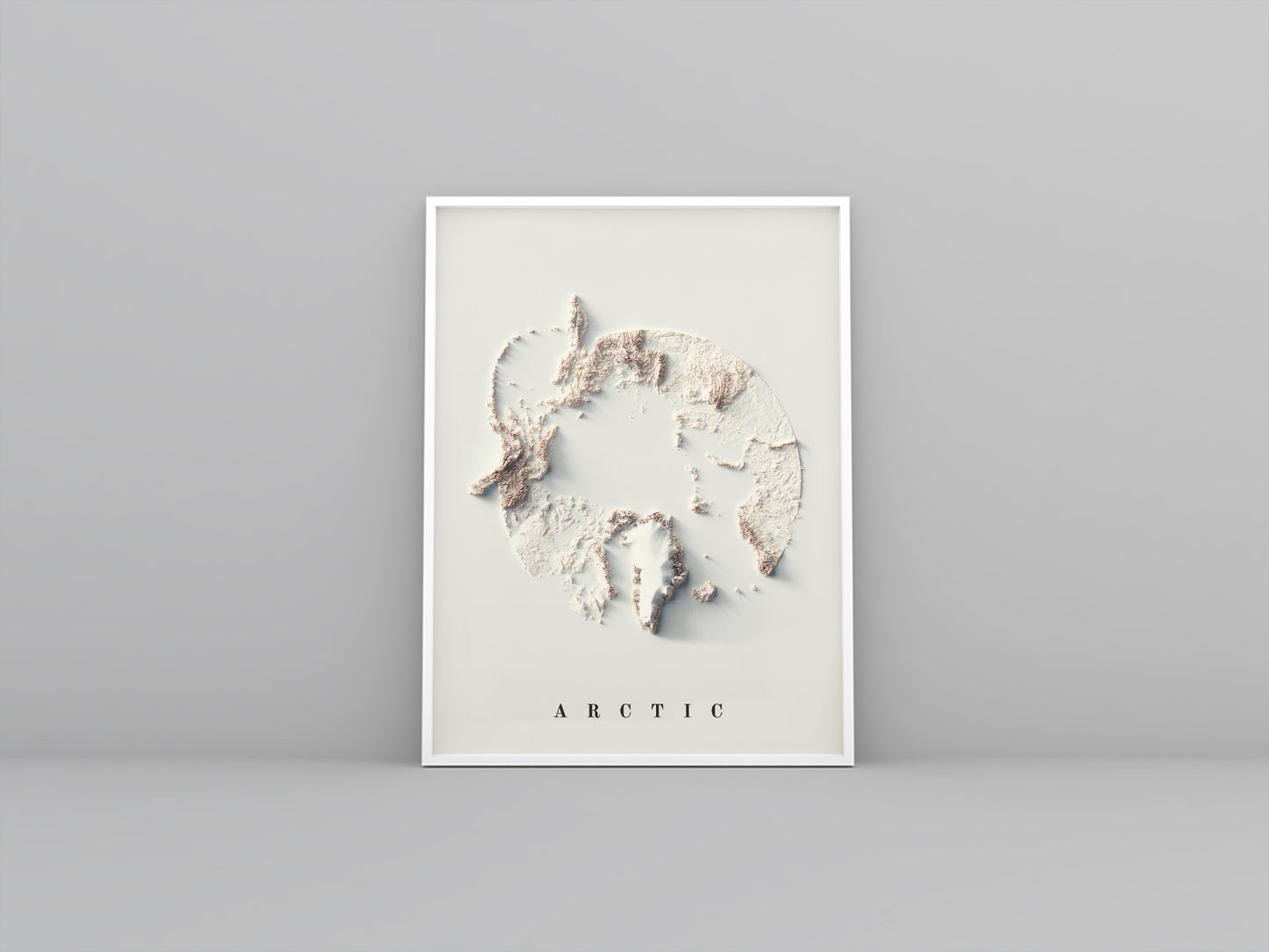 Arctic framed shaded relief map in white frame. Artistic print highlighting mountains with a realistic 3d effect