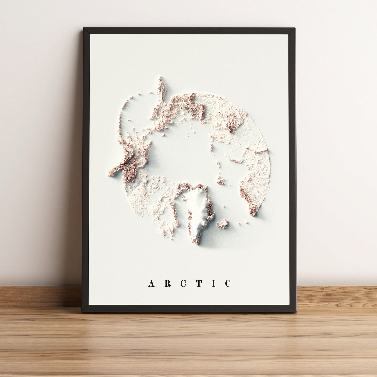Arctic vintage framed shaded relief map in black frame. Artistic print highlighting mountains with a realistic terrain effect
