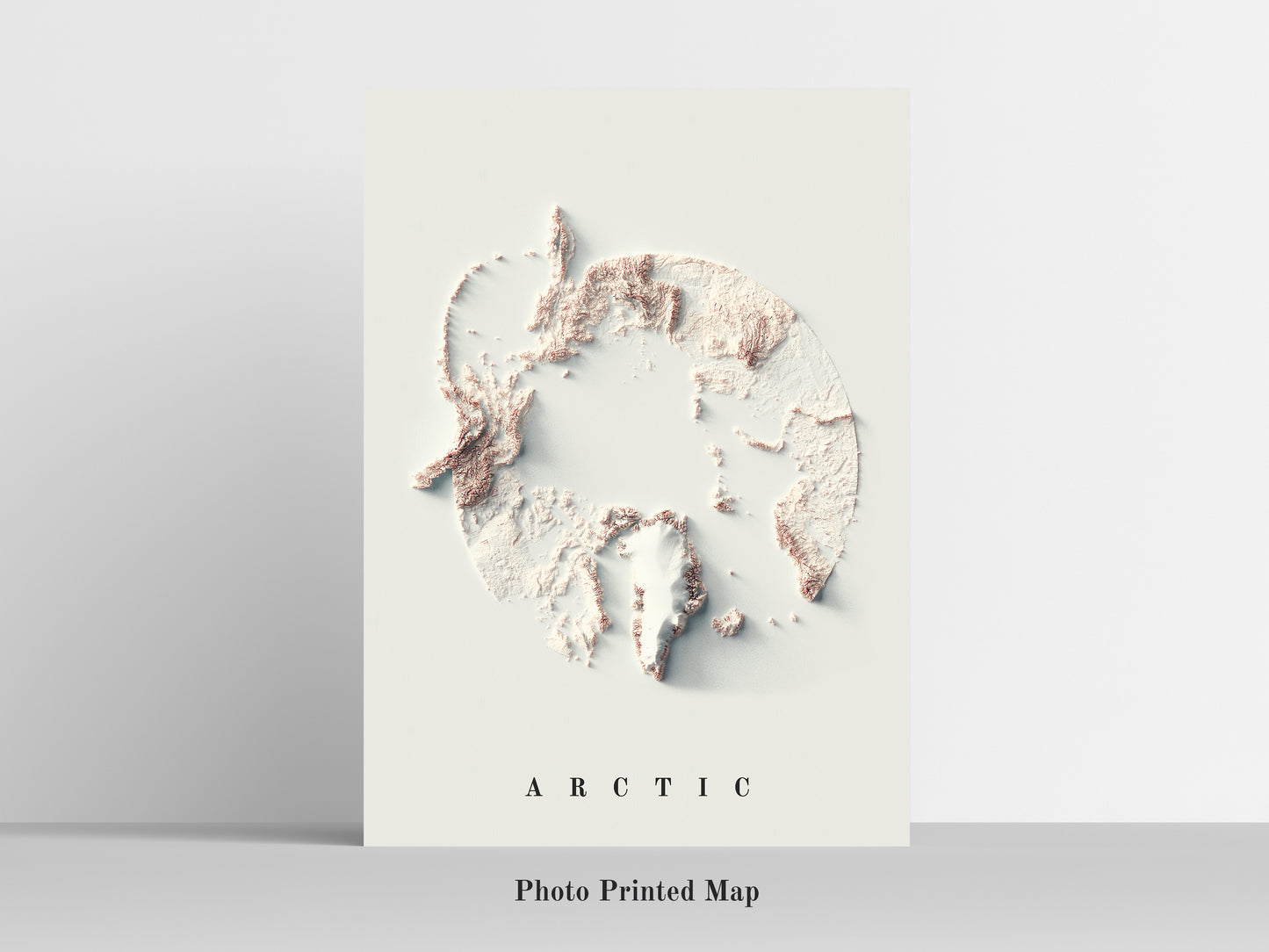Arctic relief map print, highlighting topography. Ideal for home decor and geography lovers