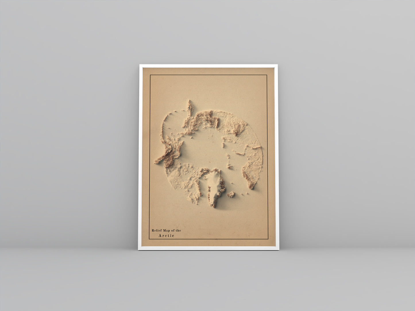 Arctic vintage framed shaded relief map in white frame. Artistic print highlighting mountains with a realistic 3d effect