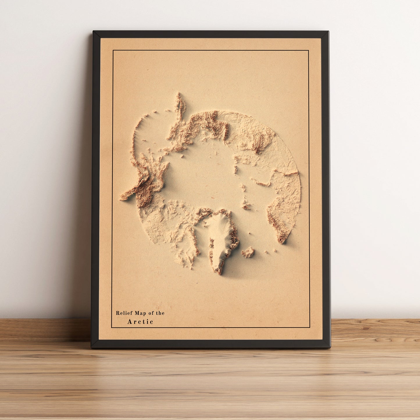 Arctic vintage framed shaded relief map in black frame. Artistic print highlighting mountains with a realistic terrain effect